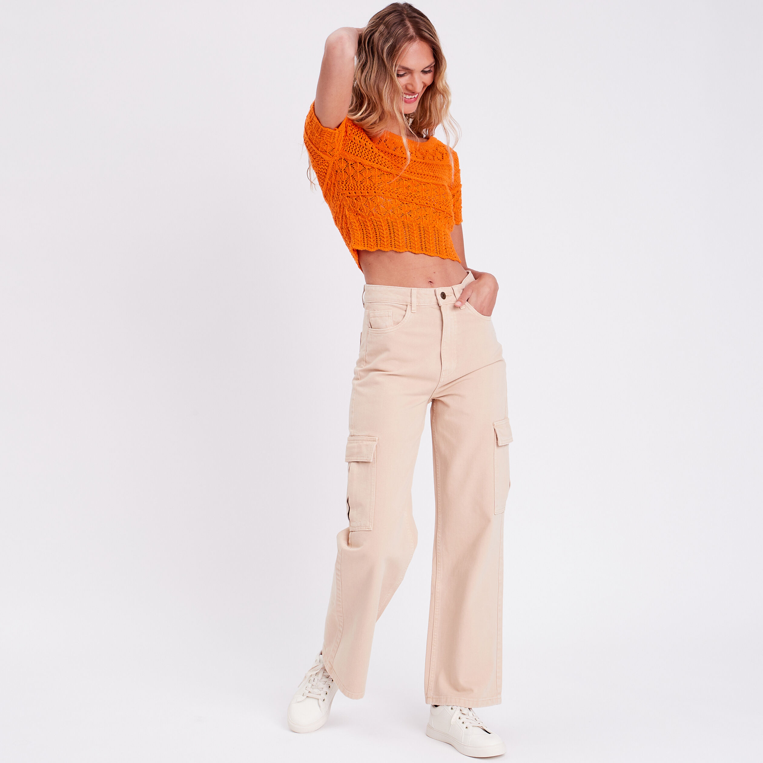 Pantalon cargo bas élastiqué sable femme