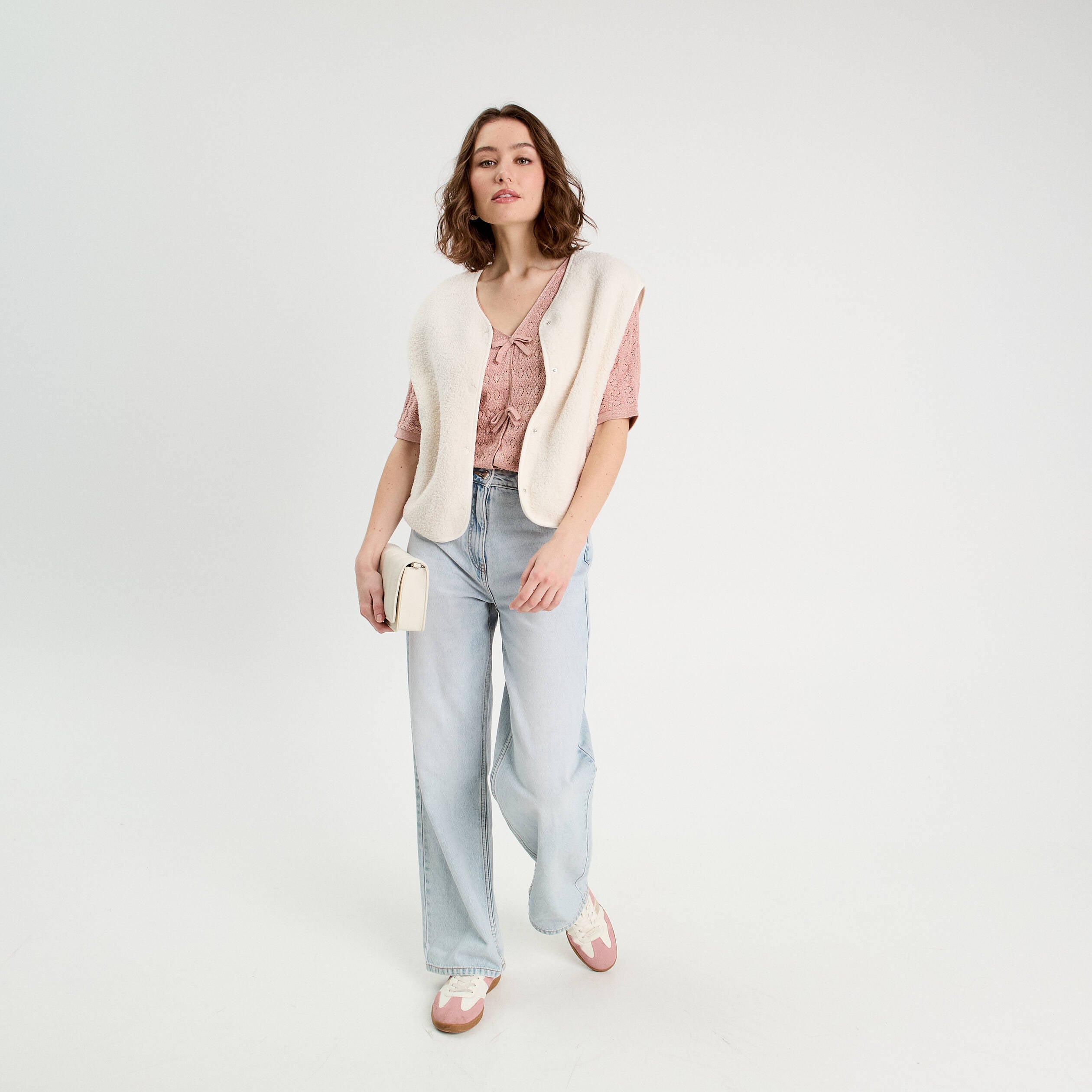 Pull ajour&eacute; manches 3/4 rose pastel femme