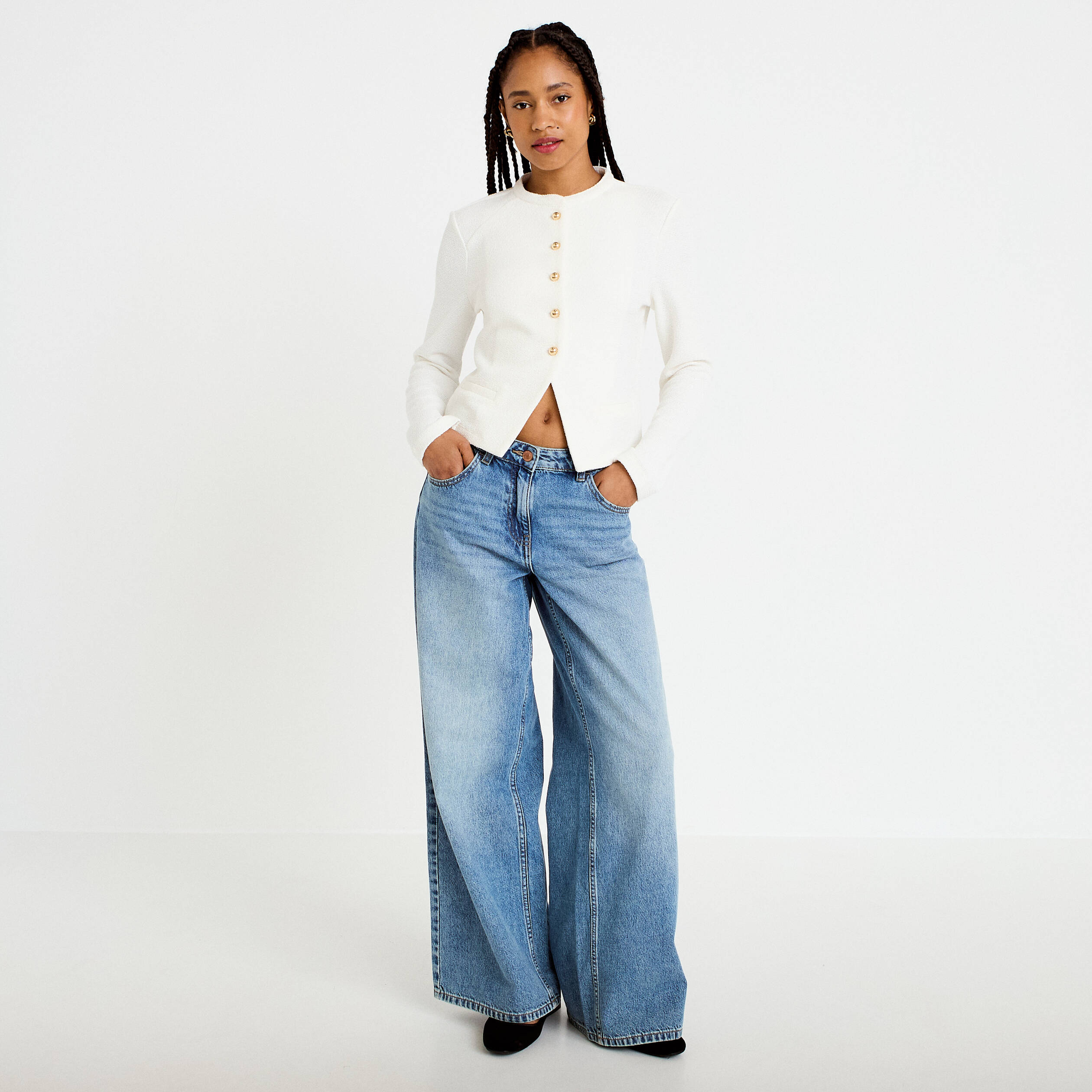Gilet tweed droit cropped col rond ecru femme