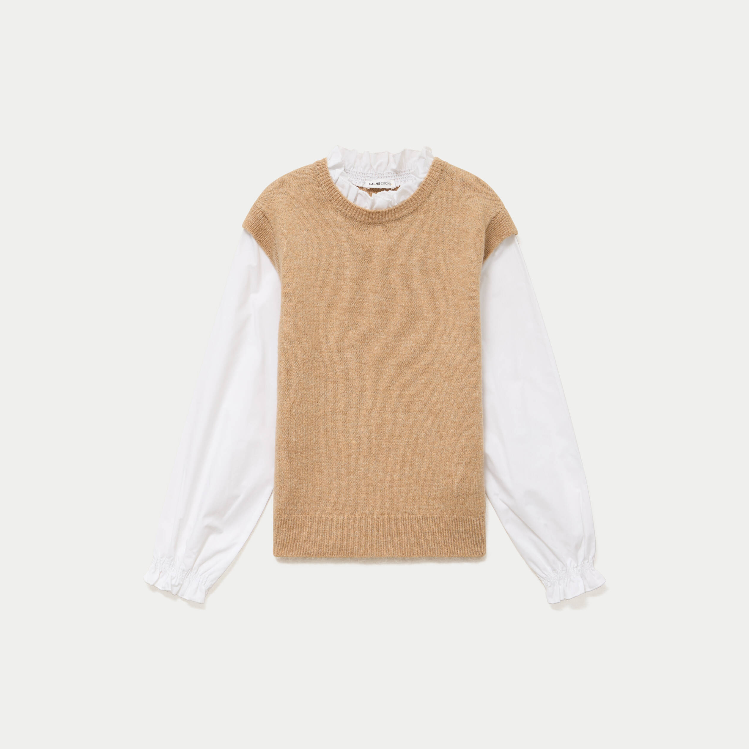 Pull 2-en-1 col chemise manches longues beige femme