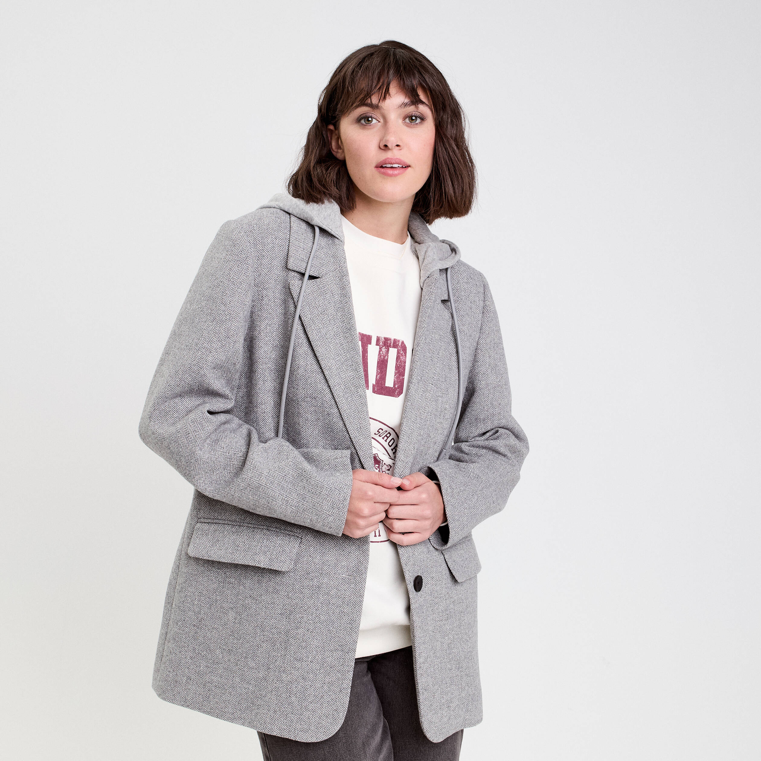 Blazer oversize capuche amovible gris clair femme Vibs