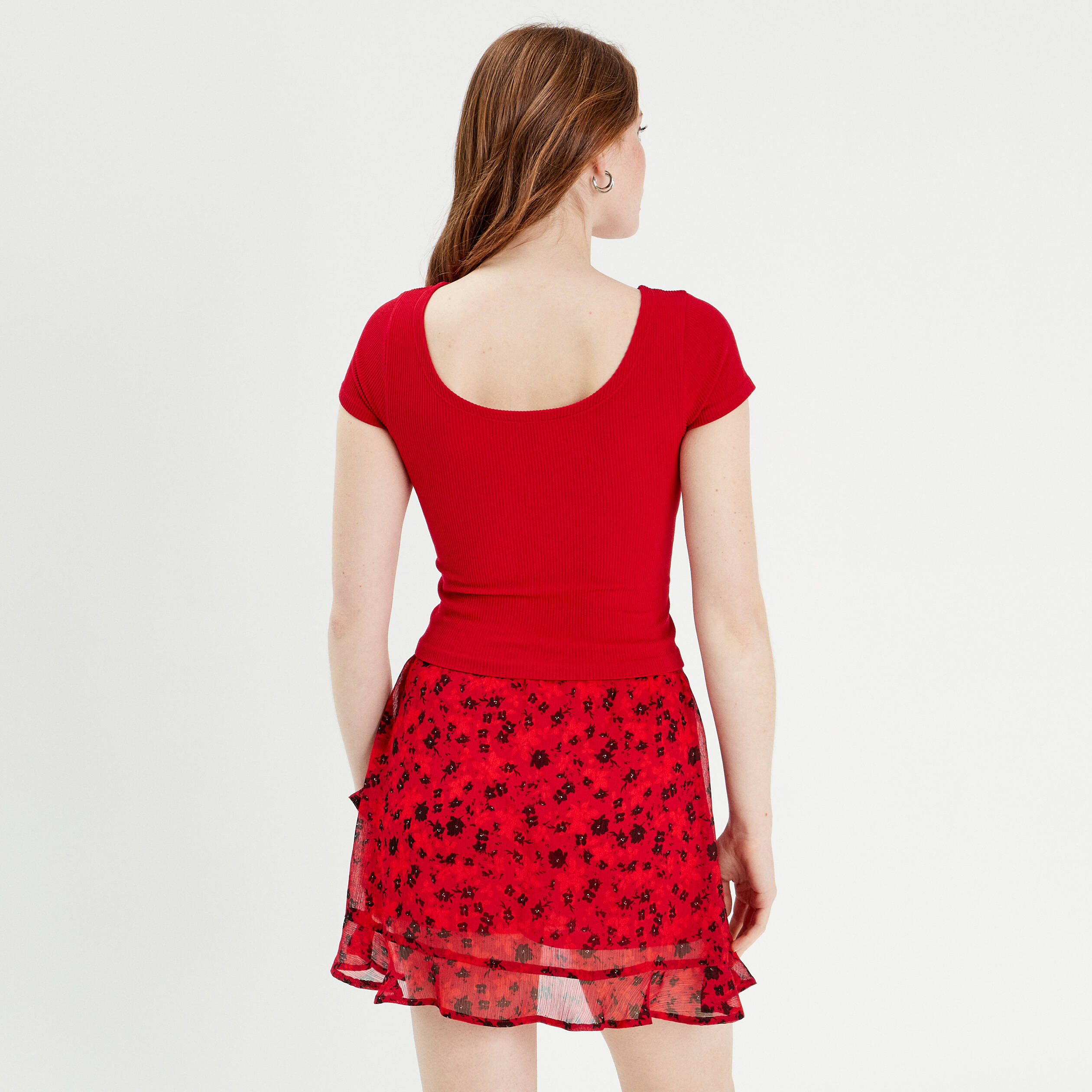t shirt manches courtes cotele rouge femme T-shirt manches courtes côtelé rouge femme