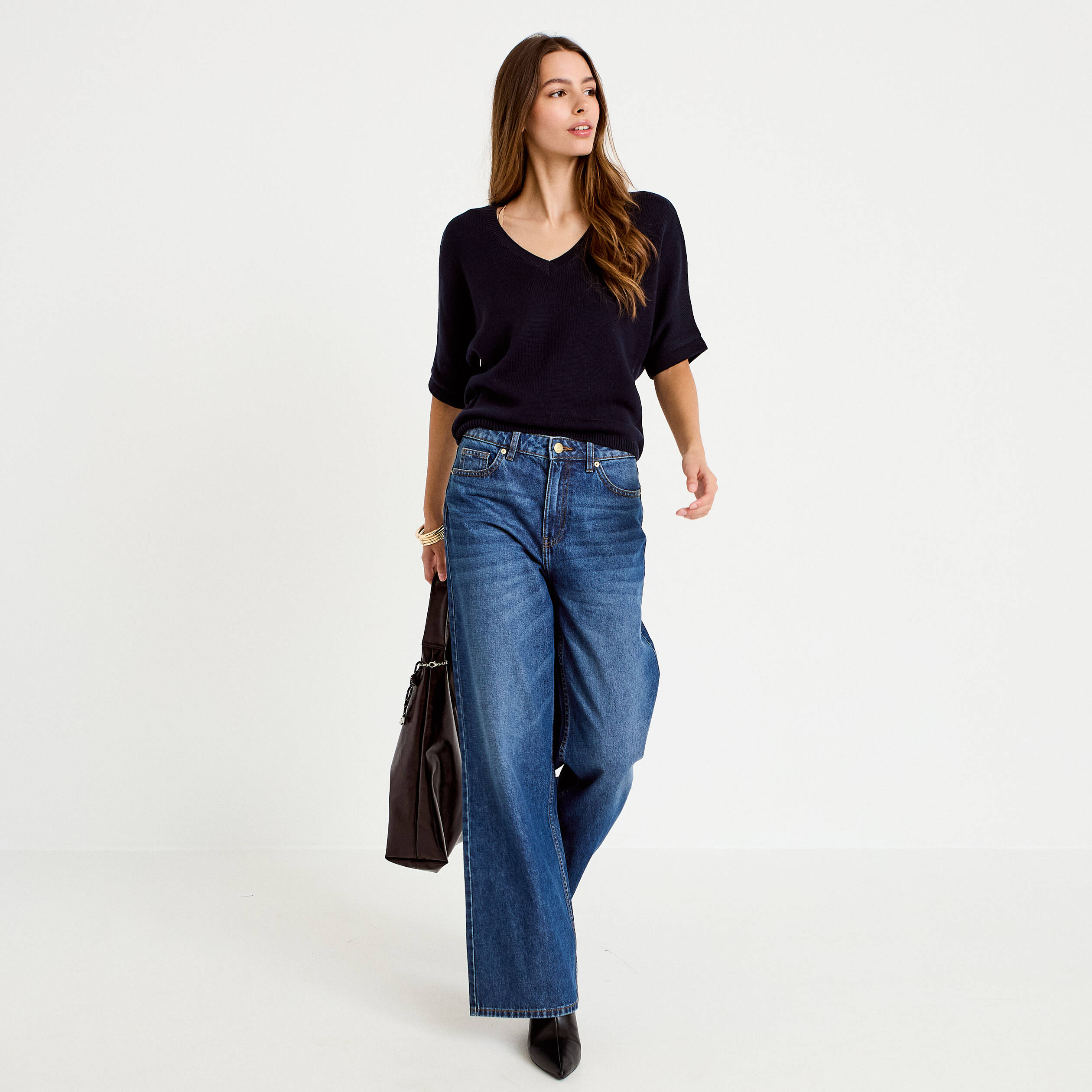 Pull ample col v manches courtes bleu marine femme