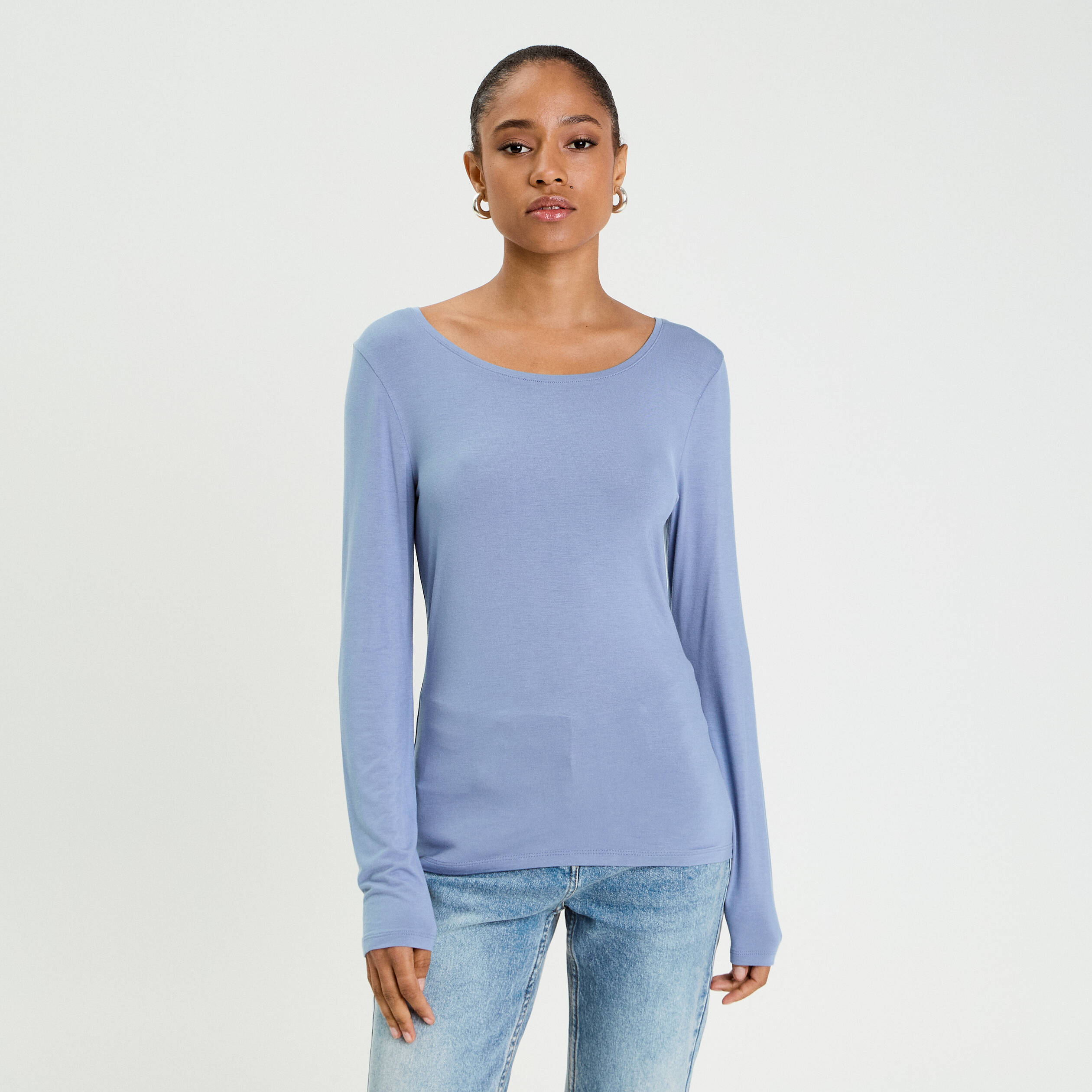 T-shirt uni &agrave; manches longues bleu gris femme