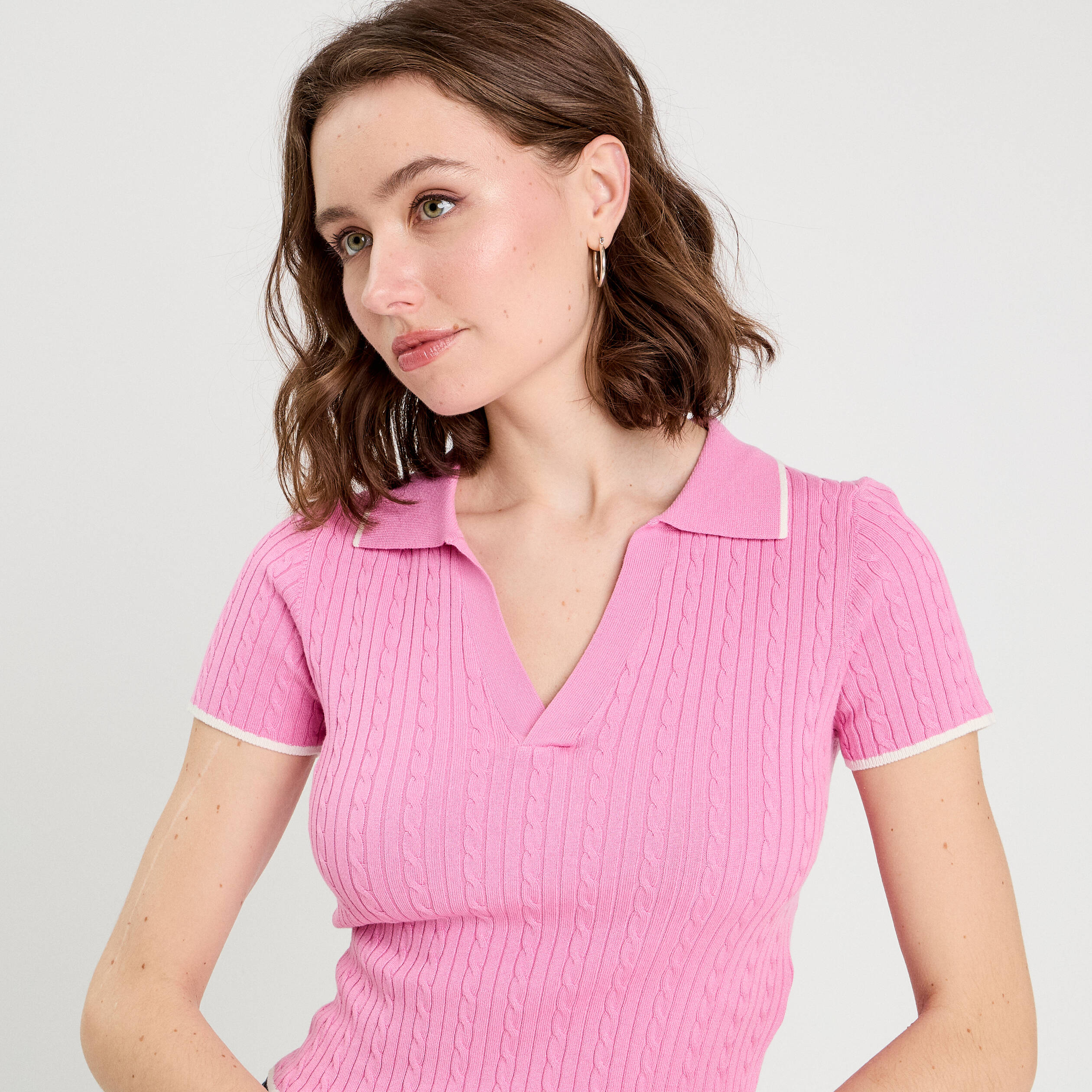 Top col polo manches courtes rose femme