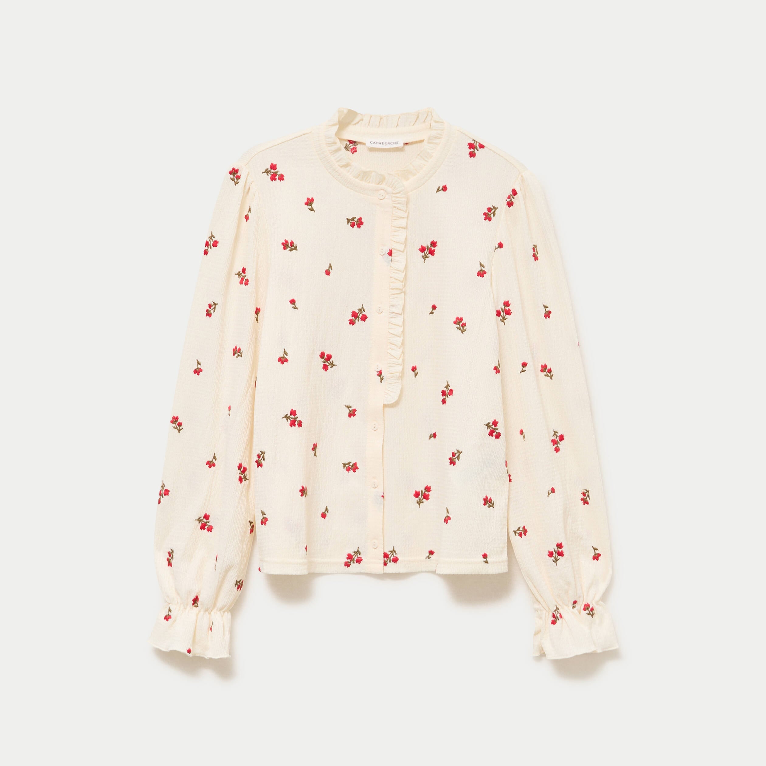 Chemise droite broderie manches longues ecru femme