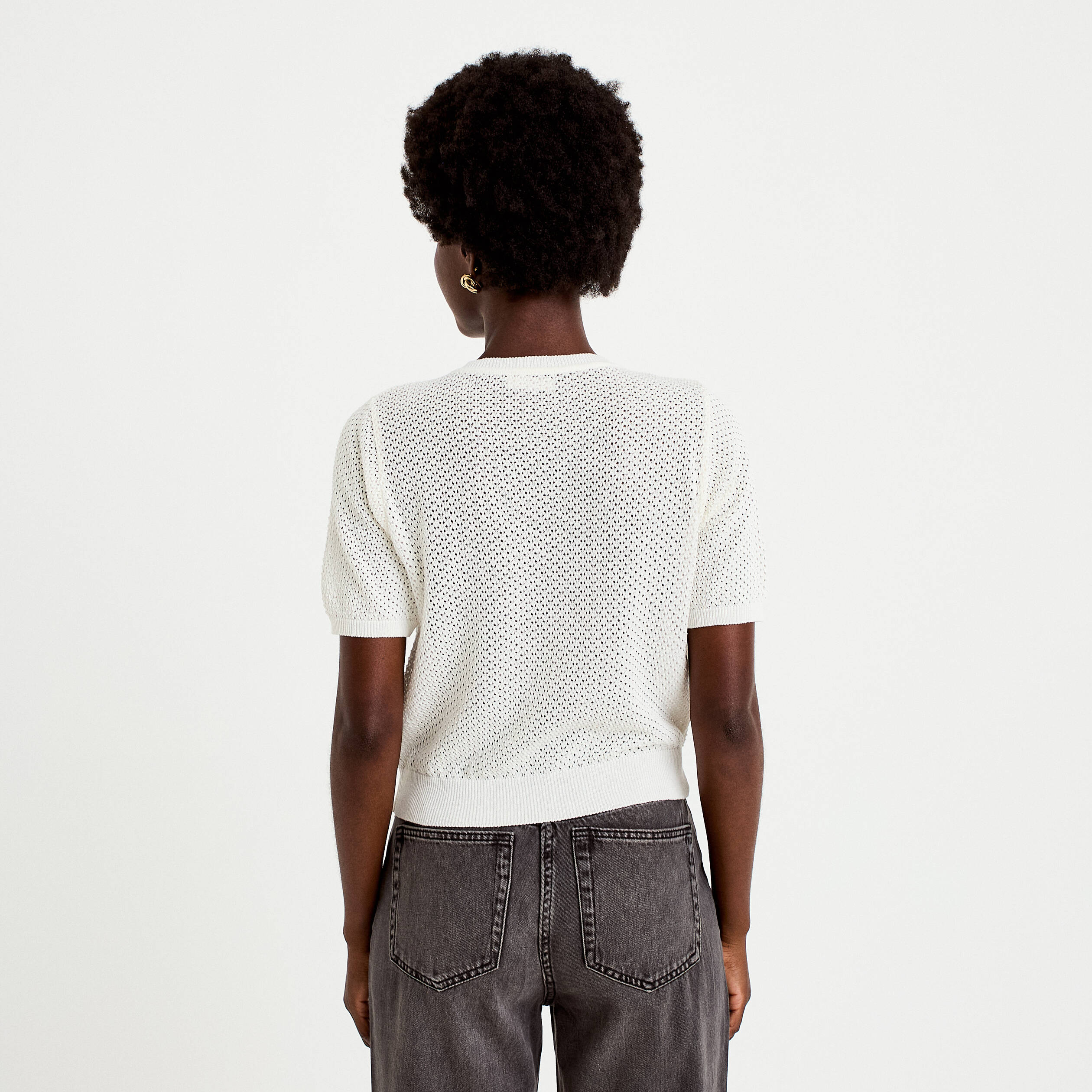 Gilet ajour&eacute; col rond manches courtes ecru femme