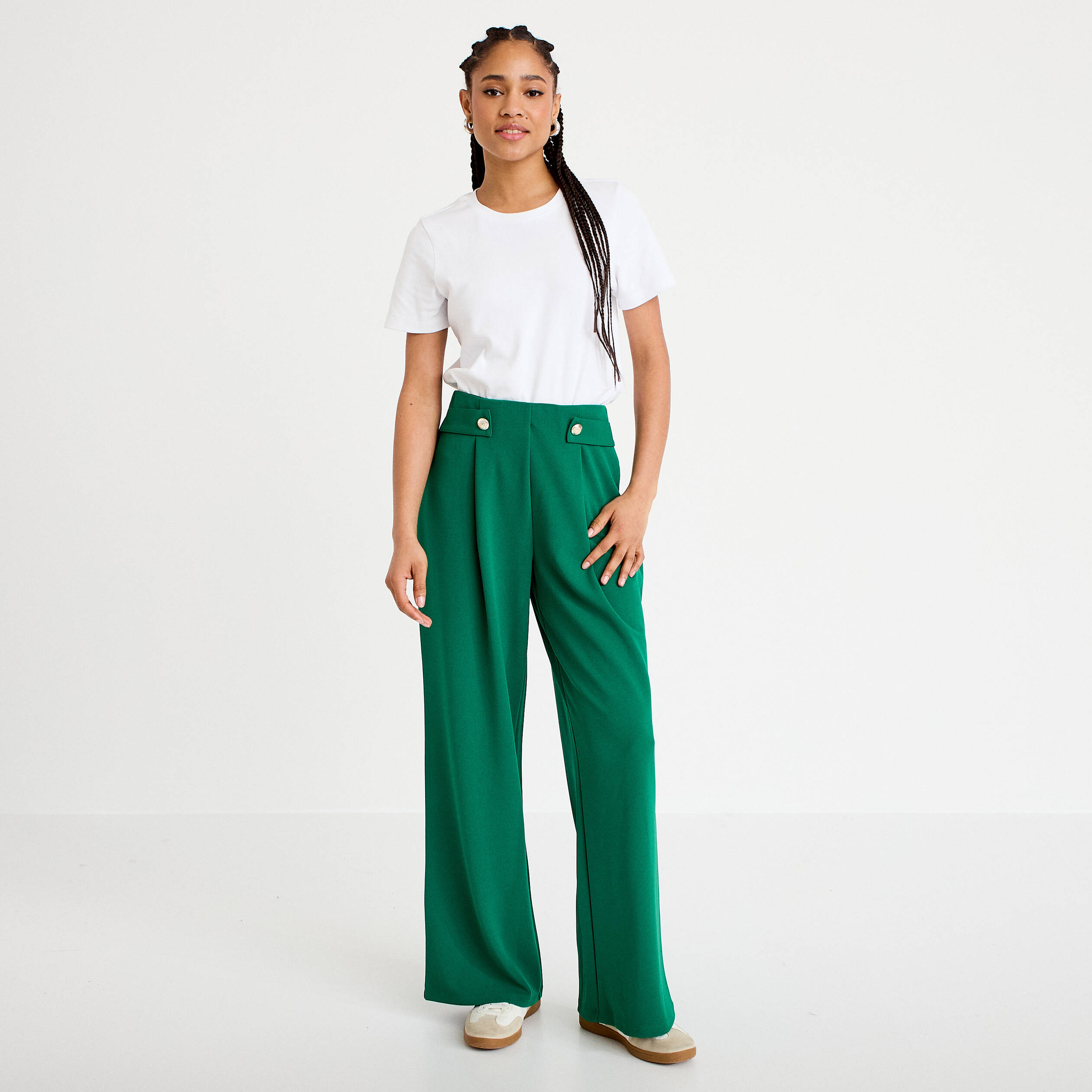 Pantalon large taille haute fluide vert femme