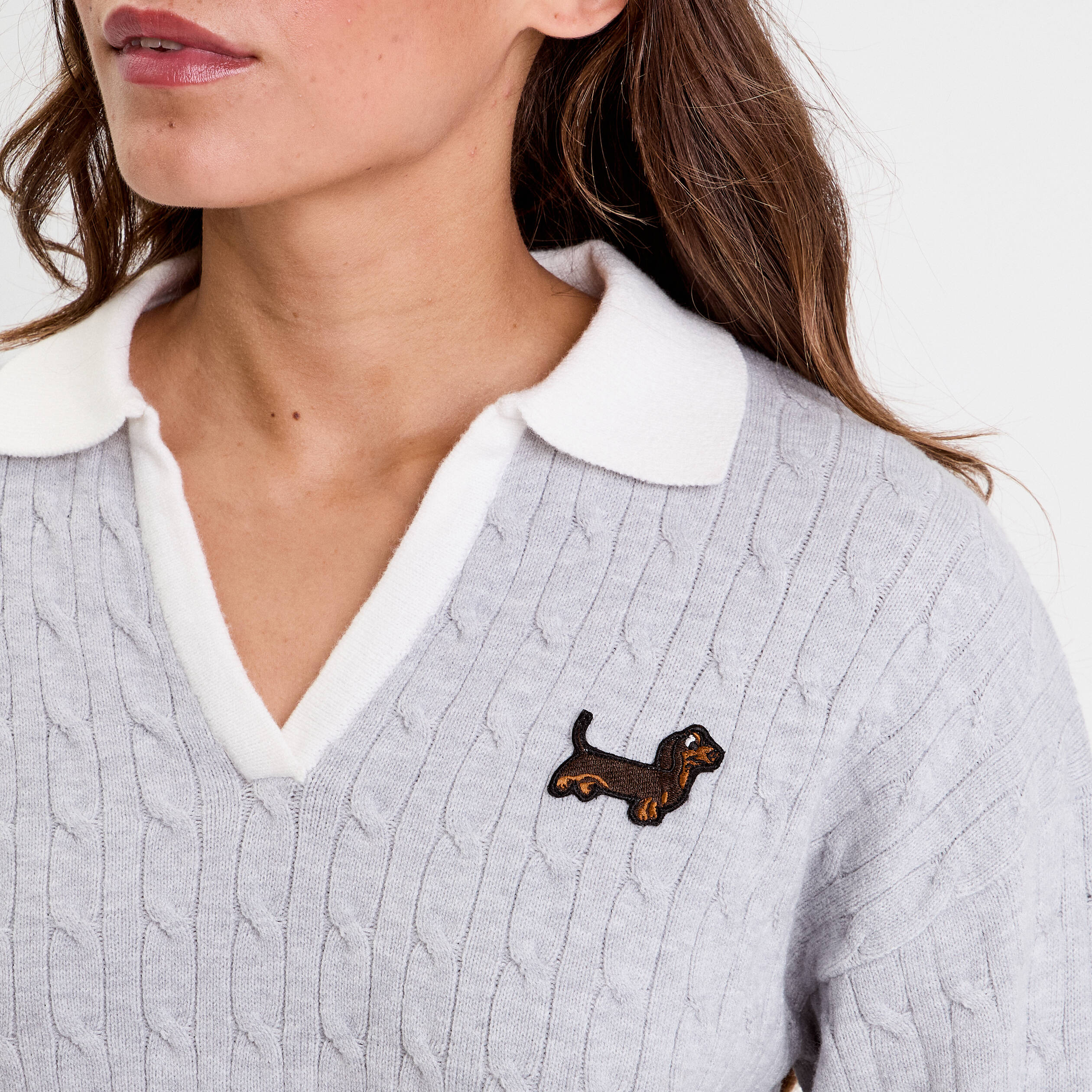 pull manches longues col polo gris clair femme Pull manches longues col polo gris clair femme