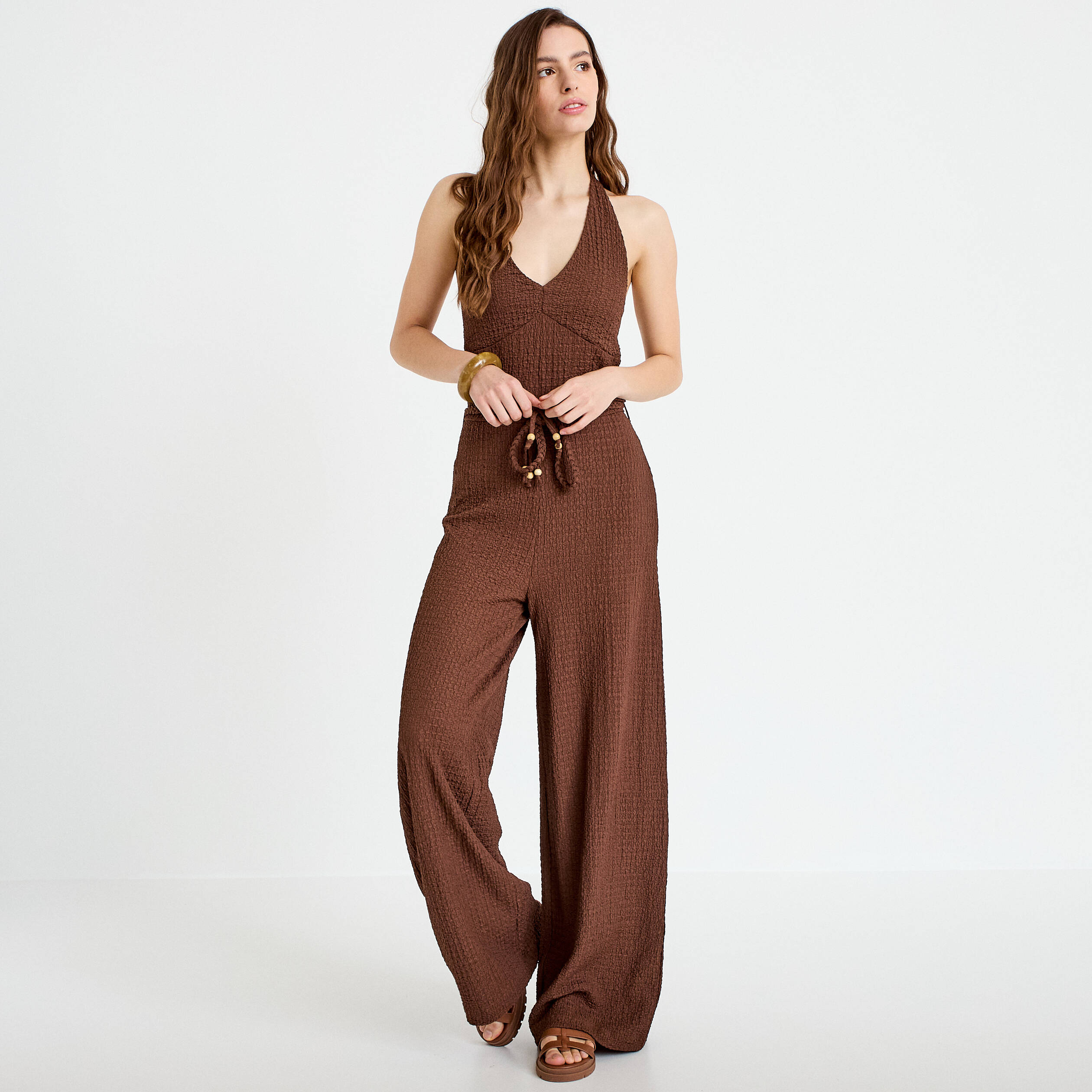 Combinaison large sans manches col v marron femme
