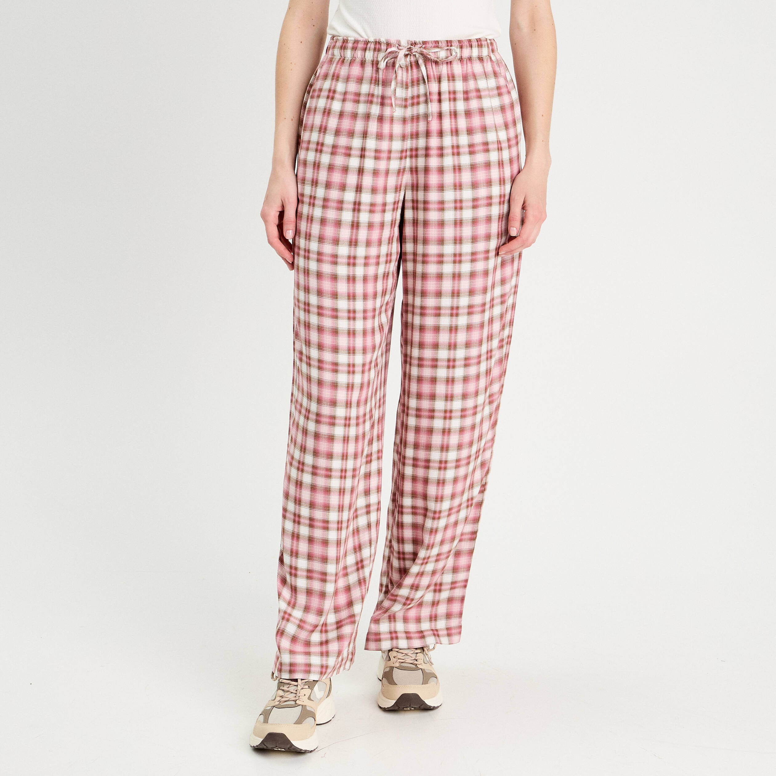 Pantalon large taille haute rose femme