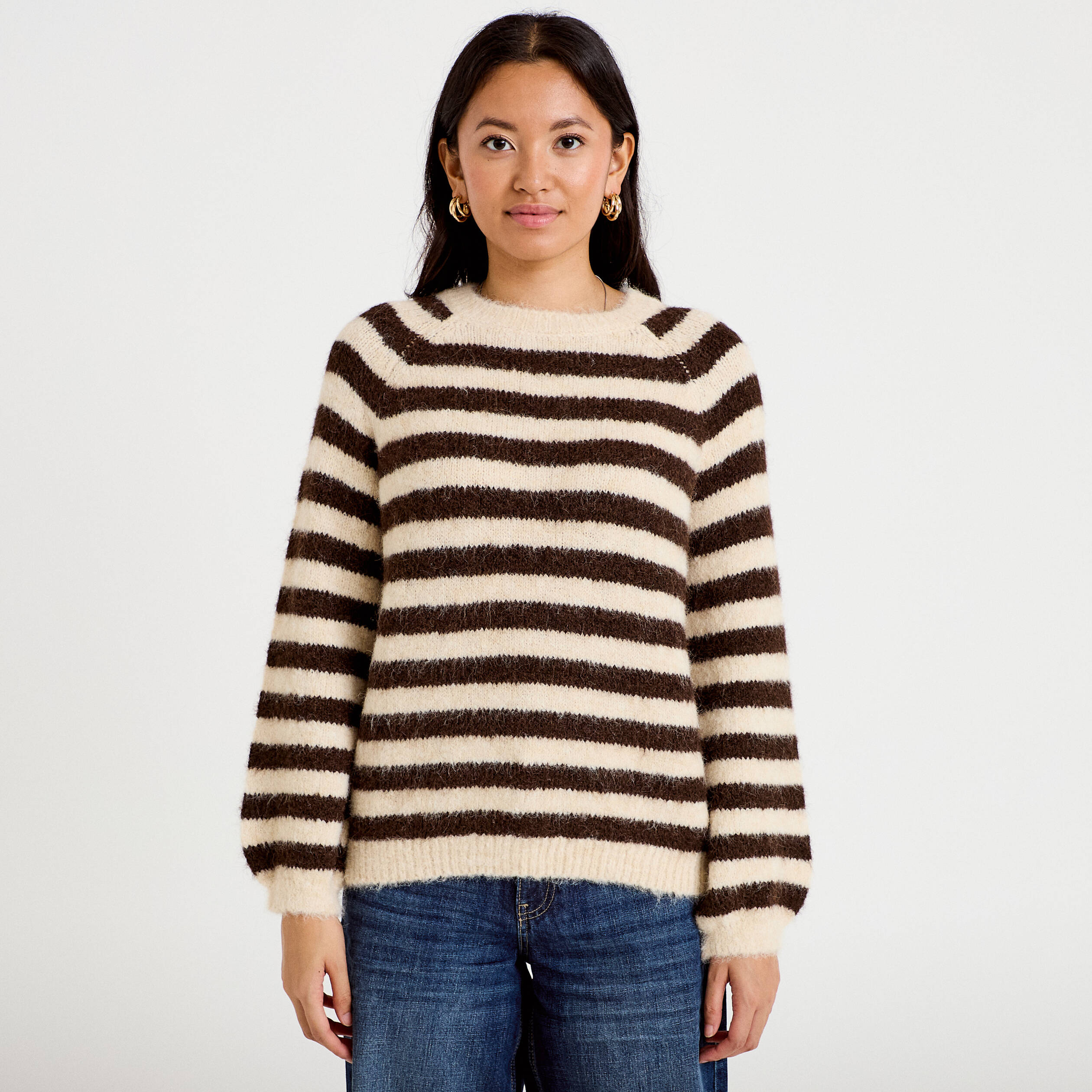 Pull ample col rond manches longues ivoire femme