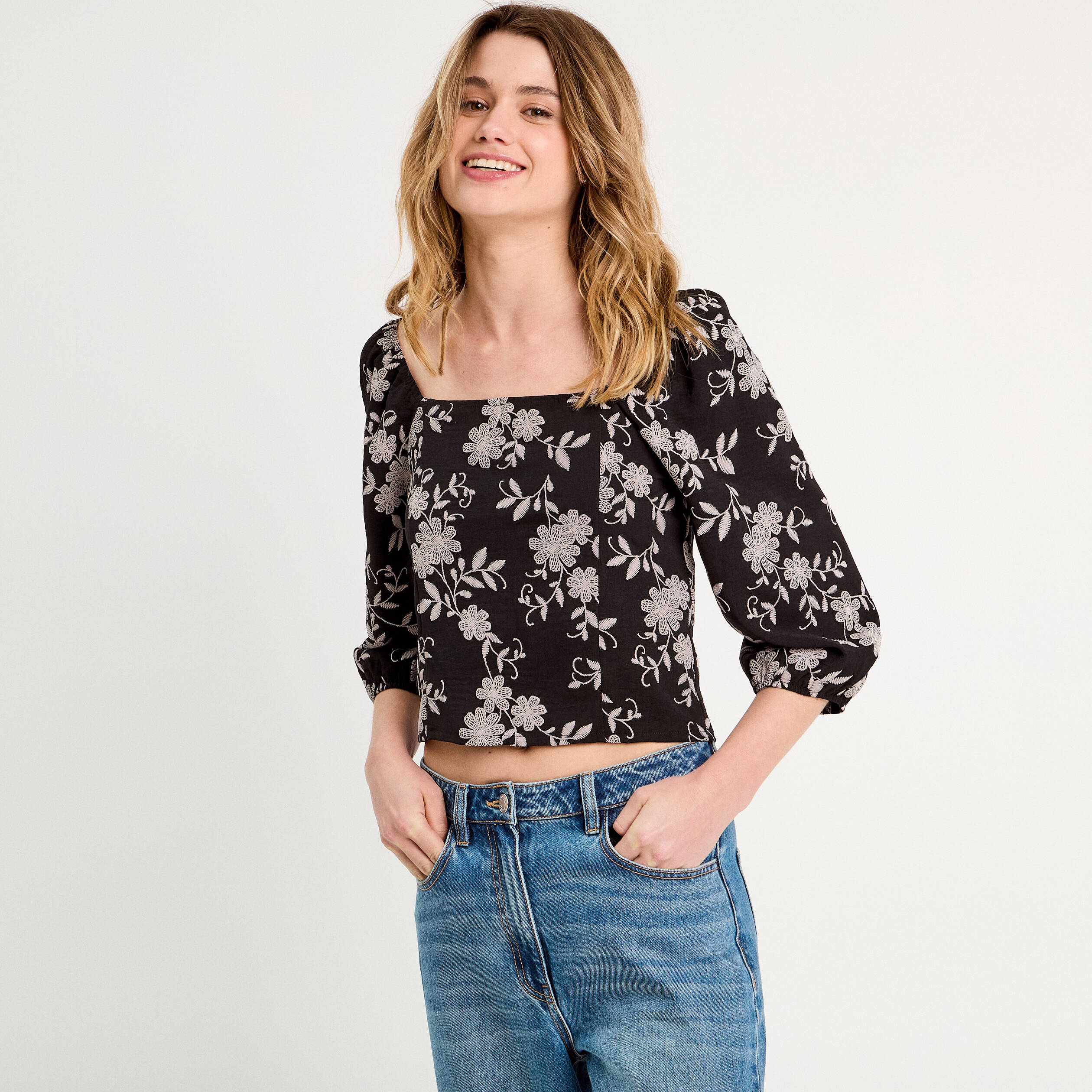Blouse manches 3/4 noir femme