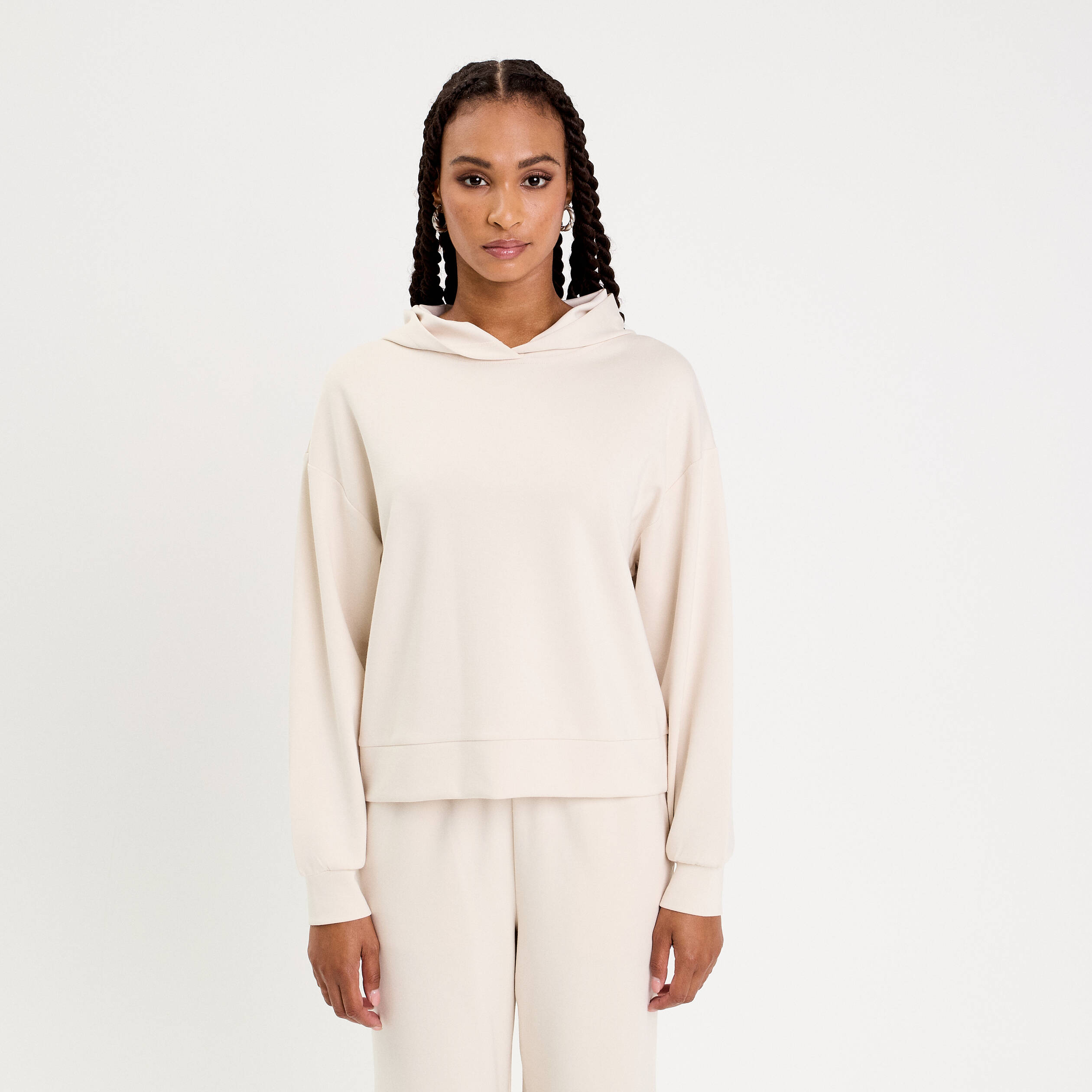 Sweat &agrave; capuche manches longues ecru femme