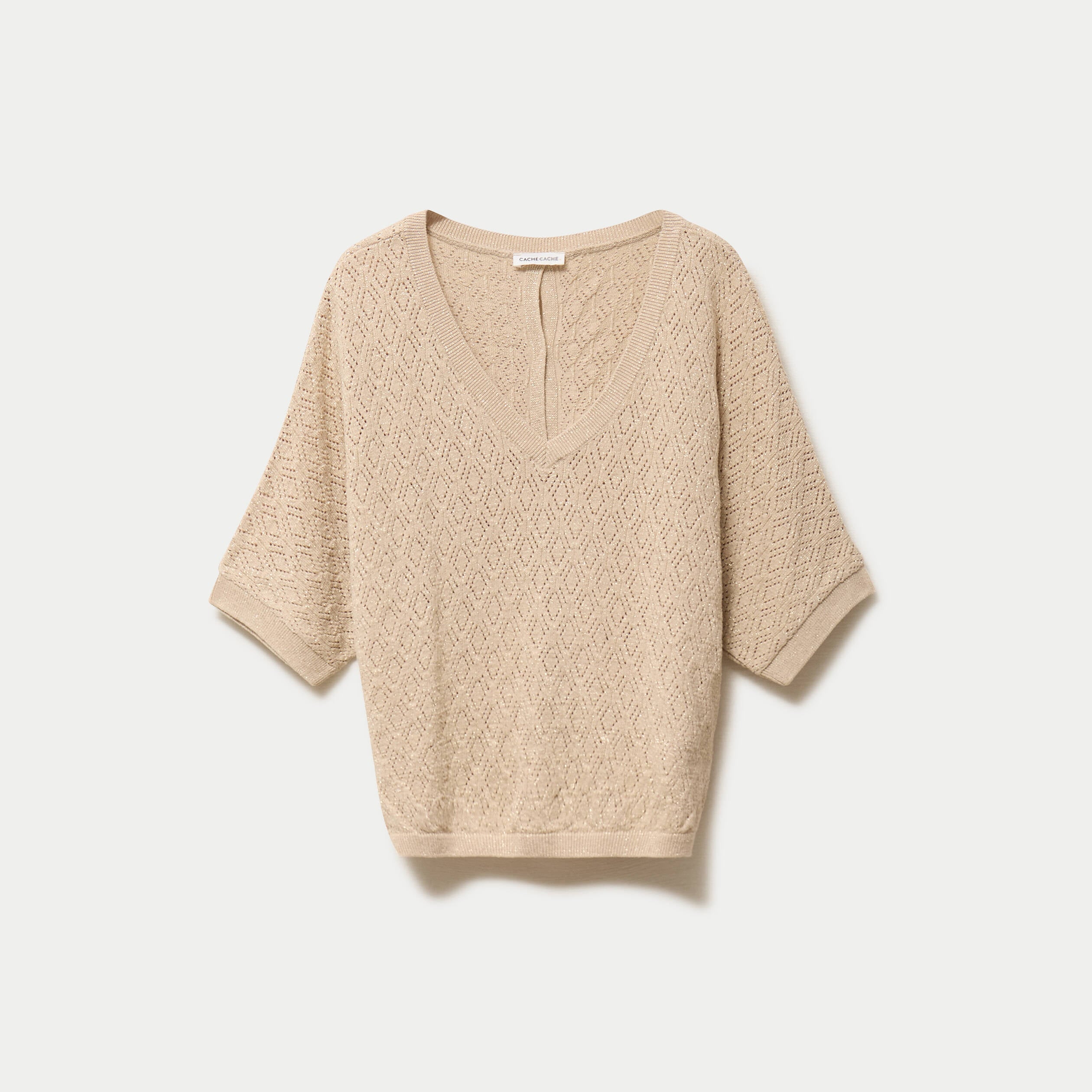 Pull ajour&eacute; col v manches courtes beige femme