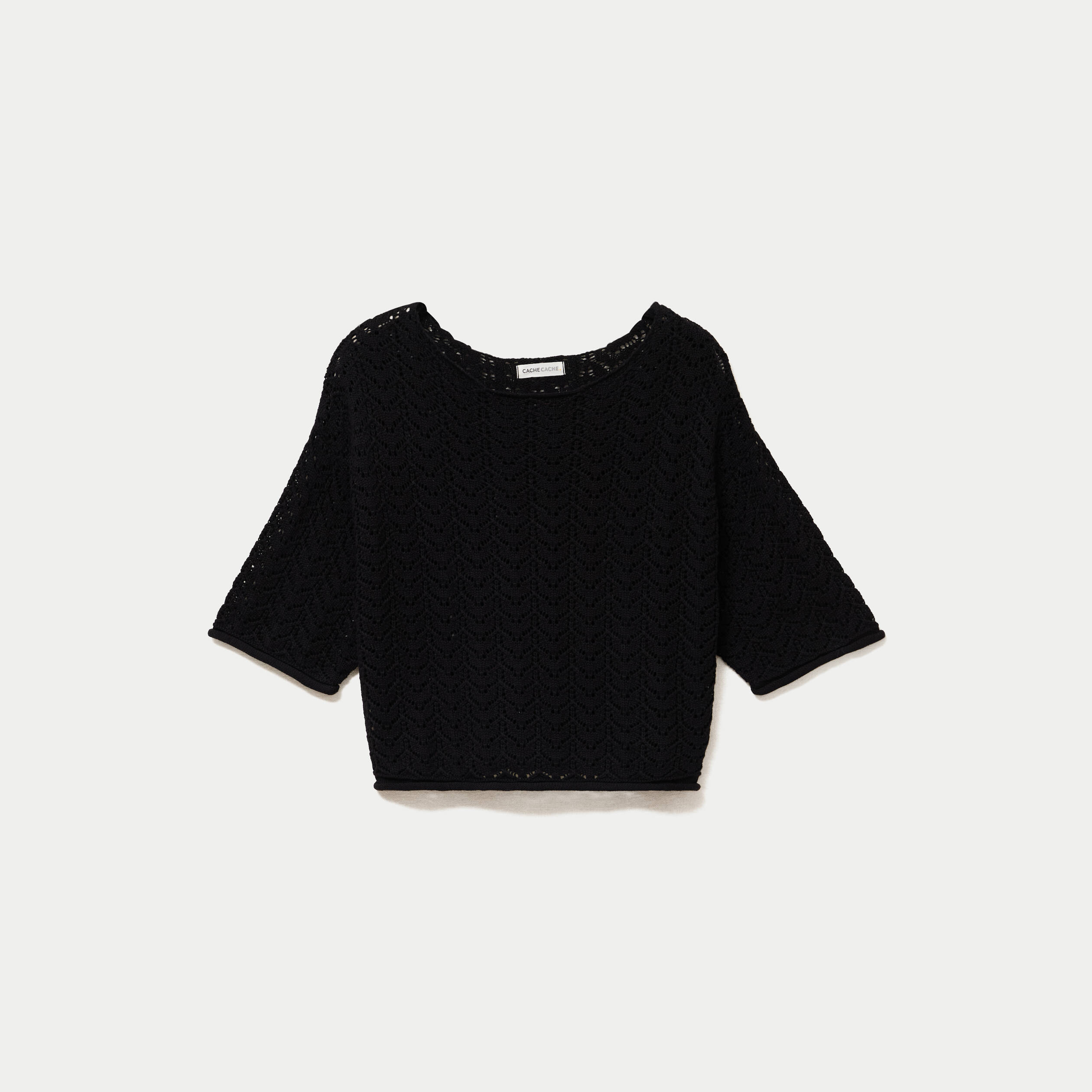 Pull ajour&eacute; aspect dentelle col rond noir femme