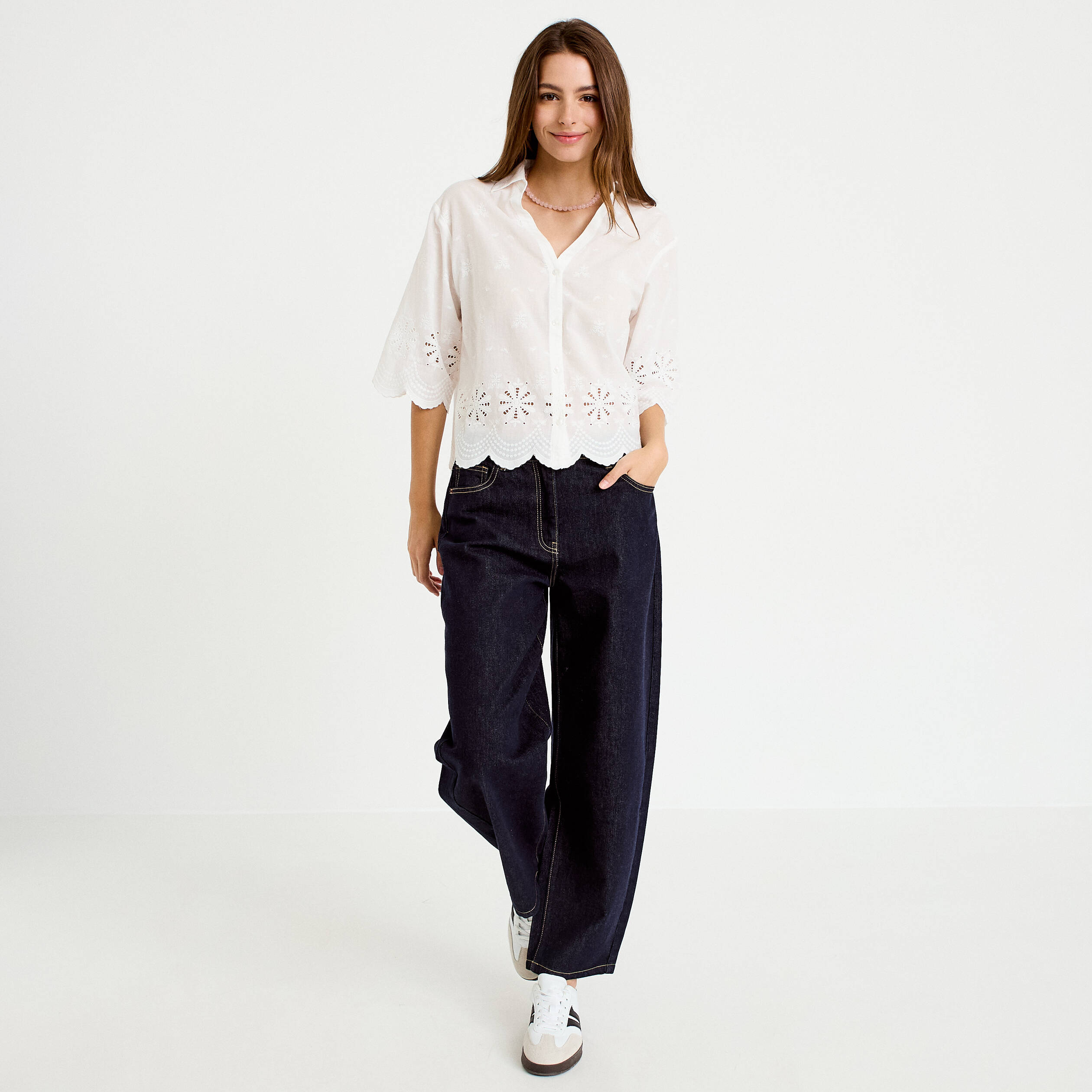 Chemise droite col classique manches 3/4 ecru femme