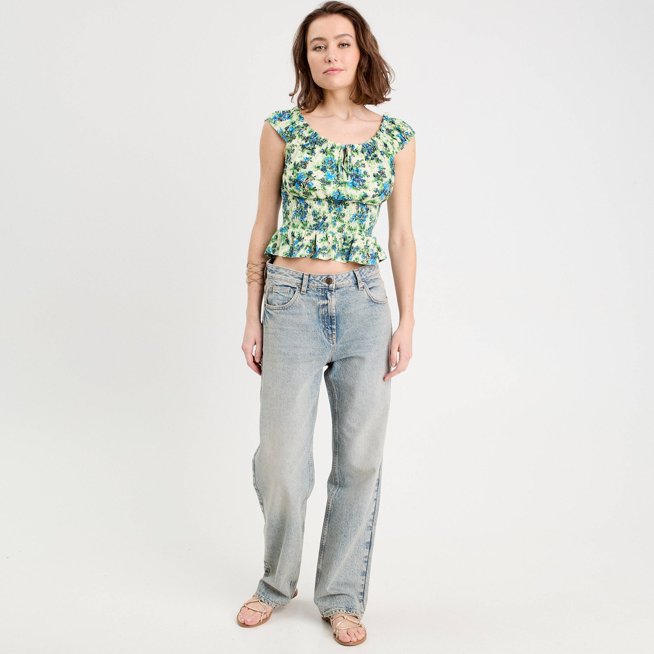 Blouse smock&eacute;e manches courtes blanc femme