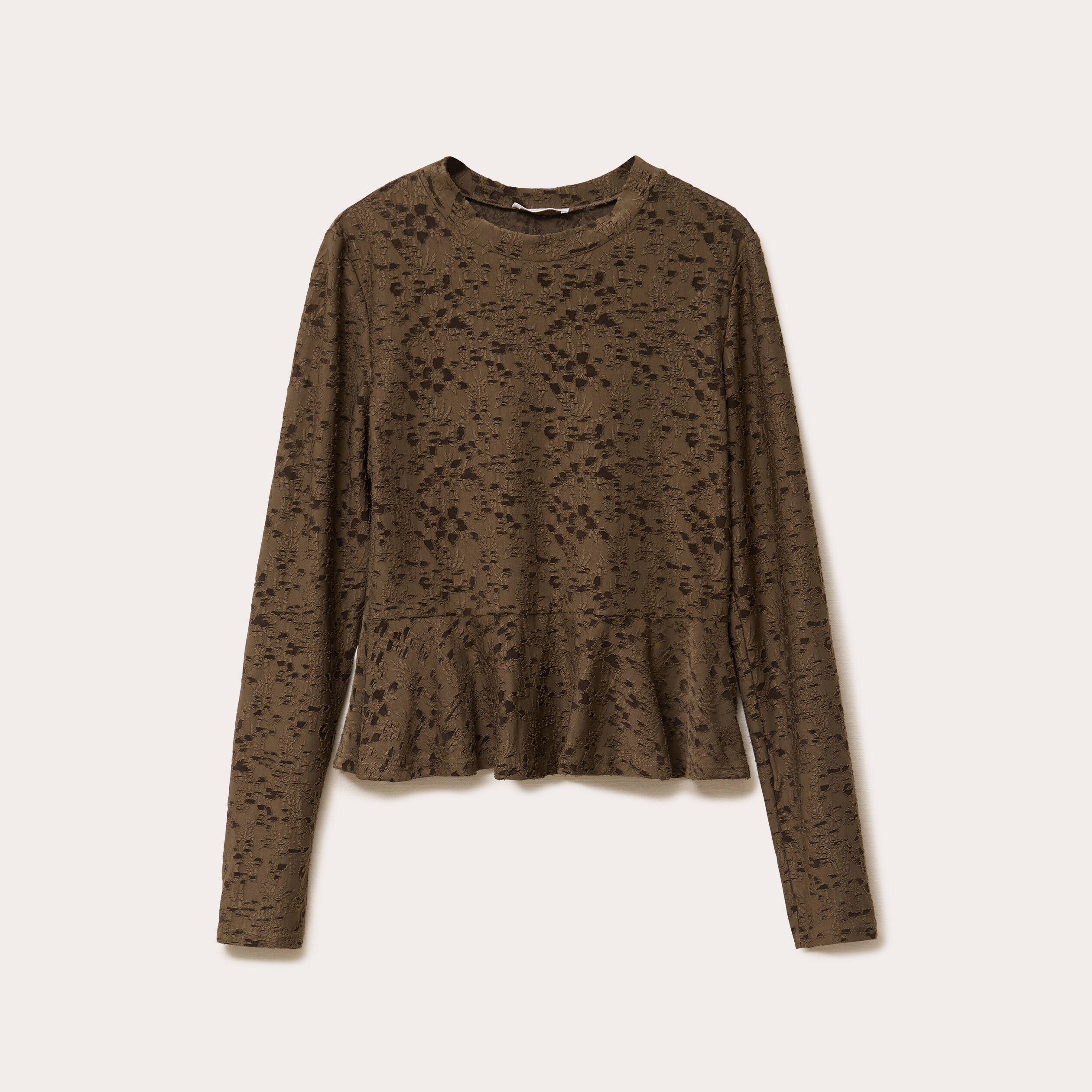 Blouse ajust&eacute;e col rond manches longues vert kaki femme
