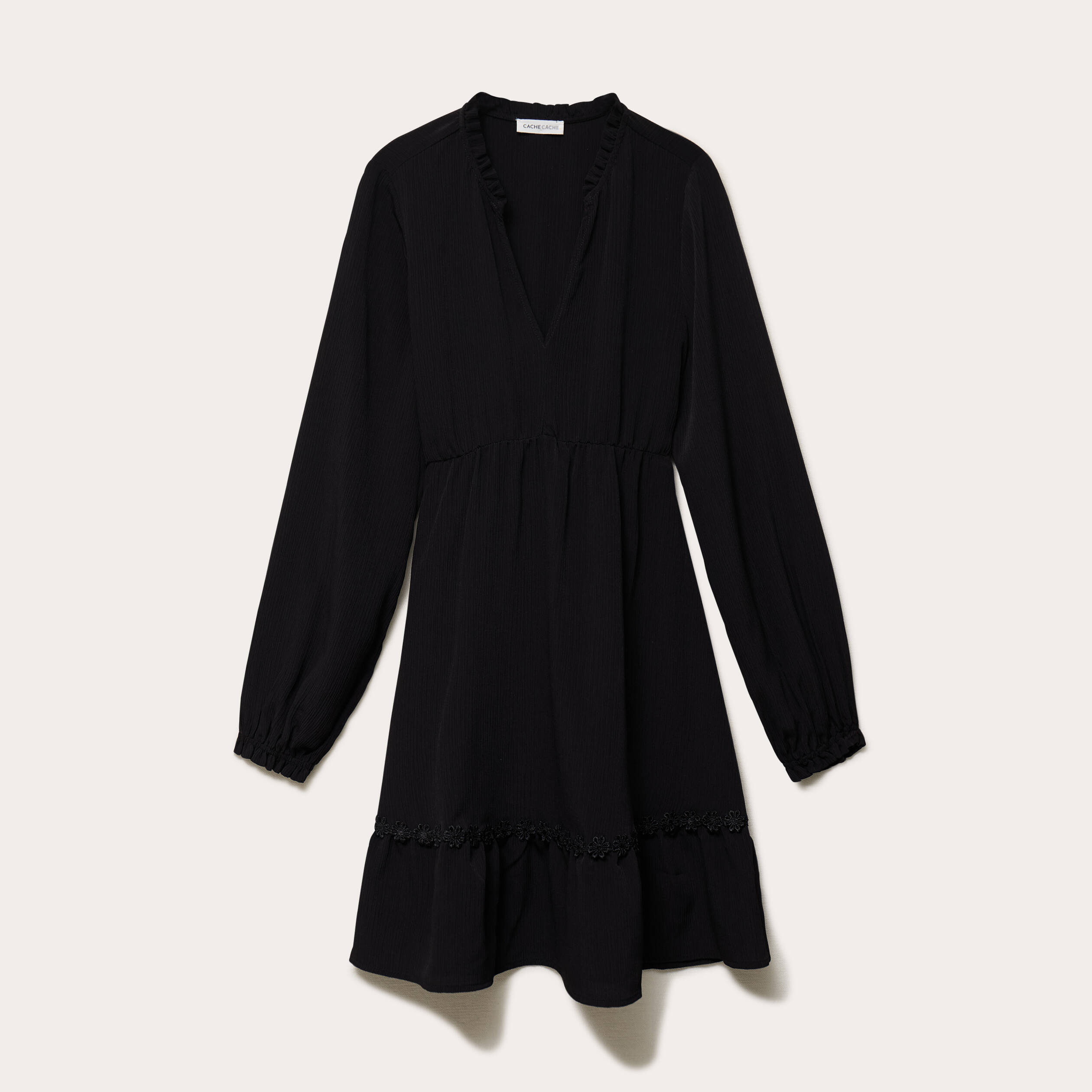 Robe &eacute;vas&eacute;e col v manches longues noir femme