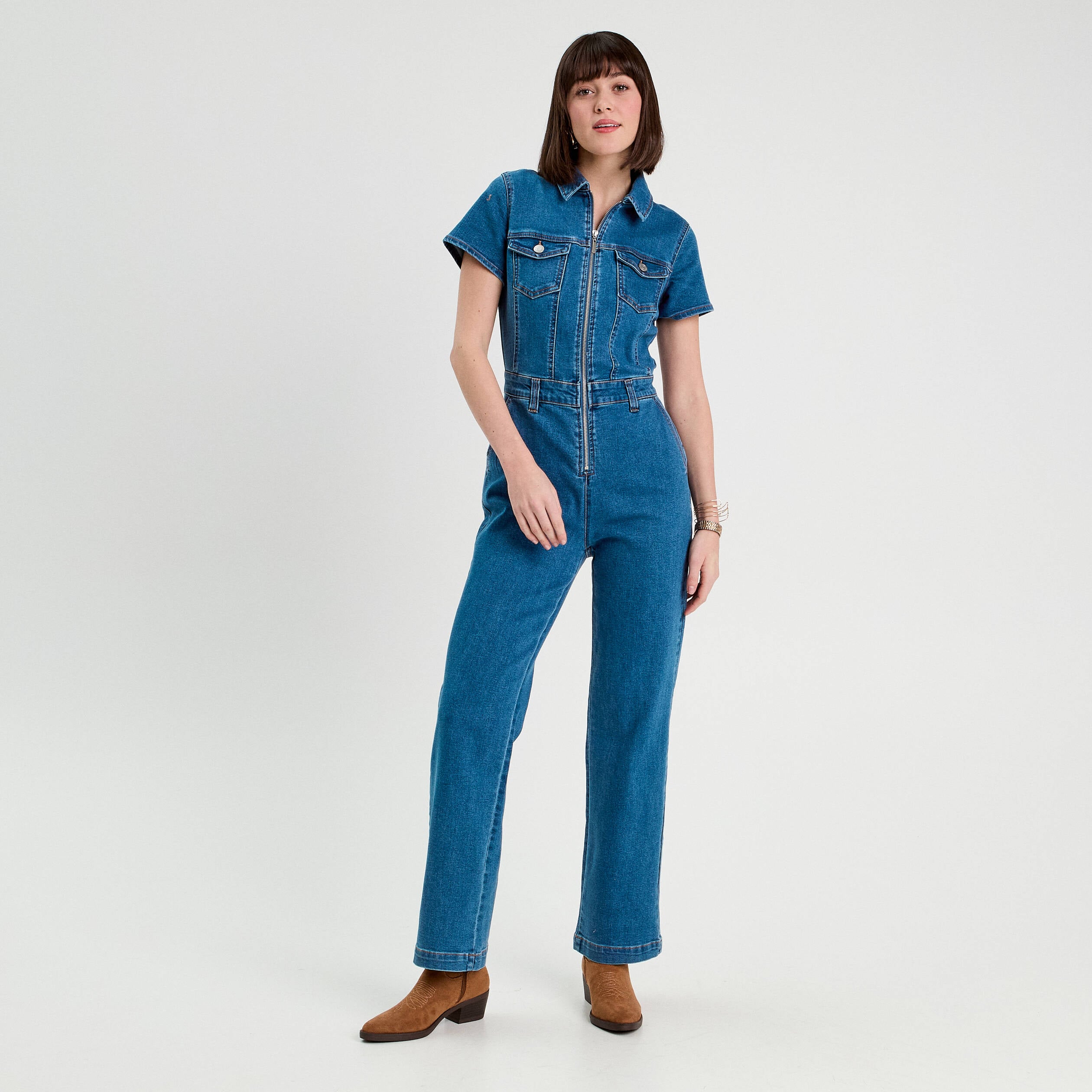 Combinaison pantalon en jean denim stone femme
