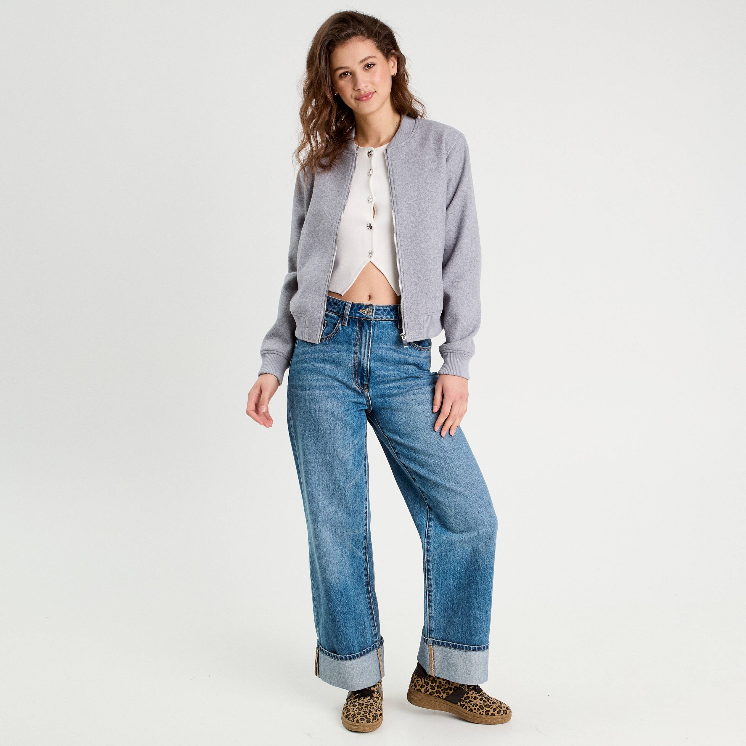 veste teddy zippee gris clair femme Veste teddy zippée gris clair femme