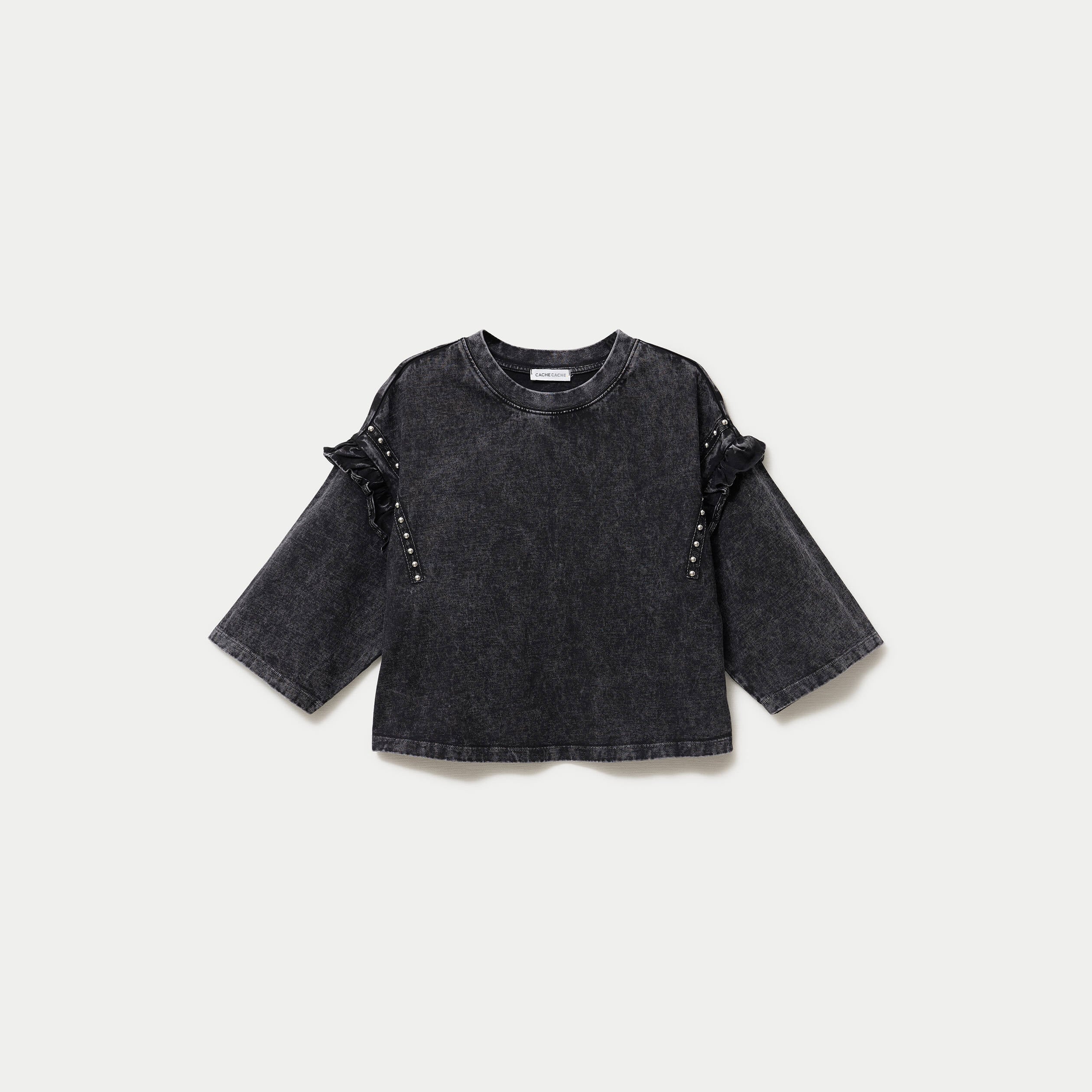 T-shirt oversize court manches longues gris fonc&eacute; femme