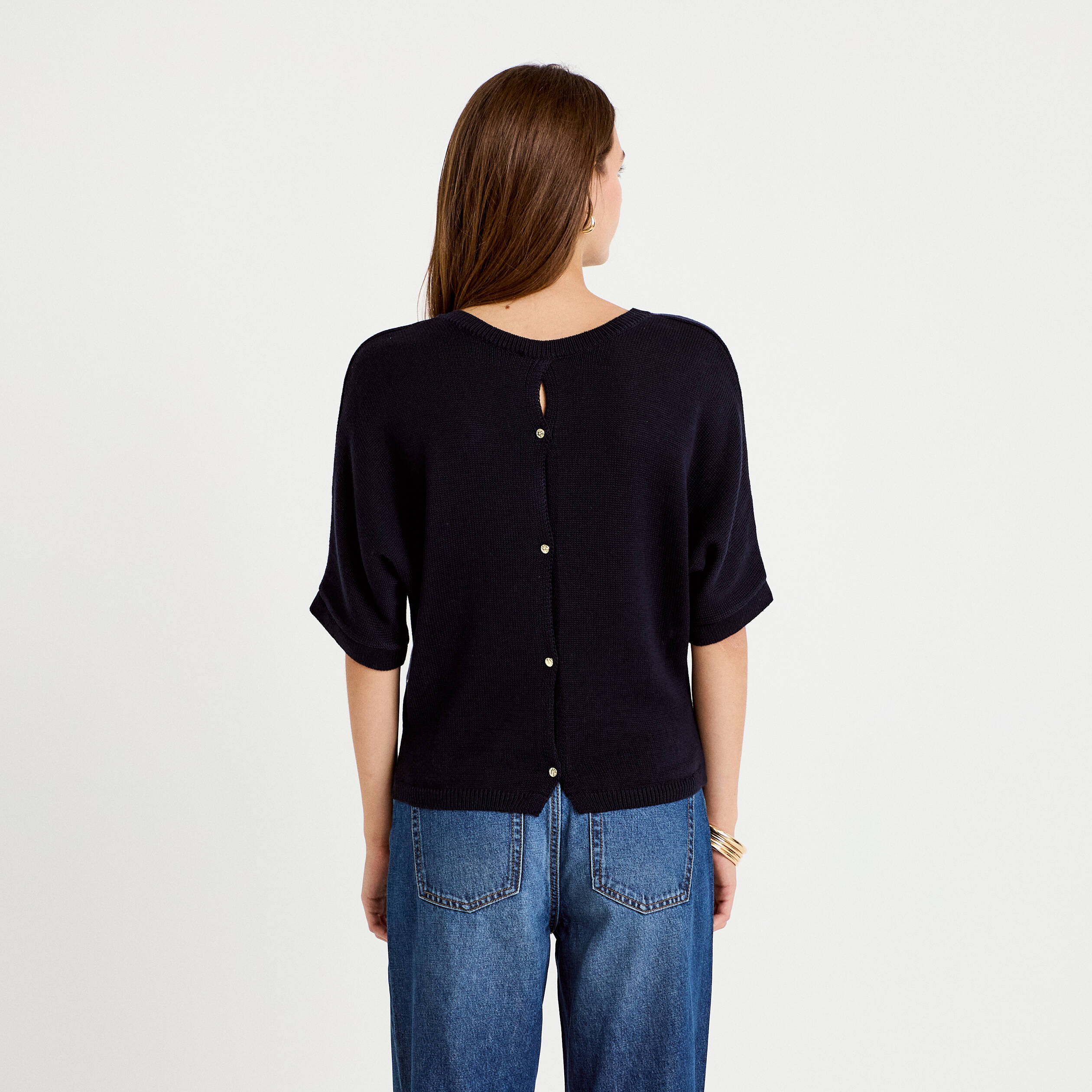 Pull ample col v manches courtes bleu marine femme