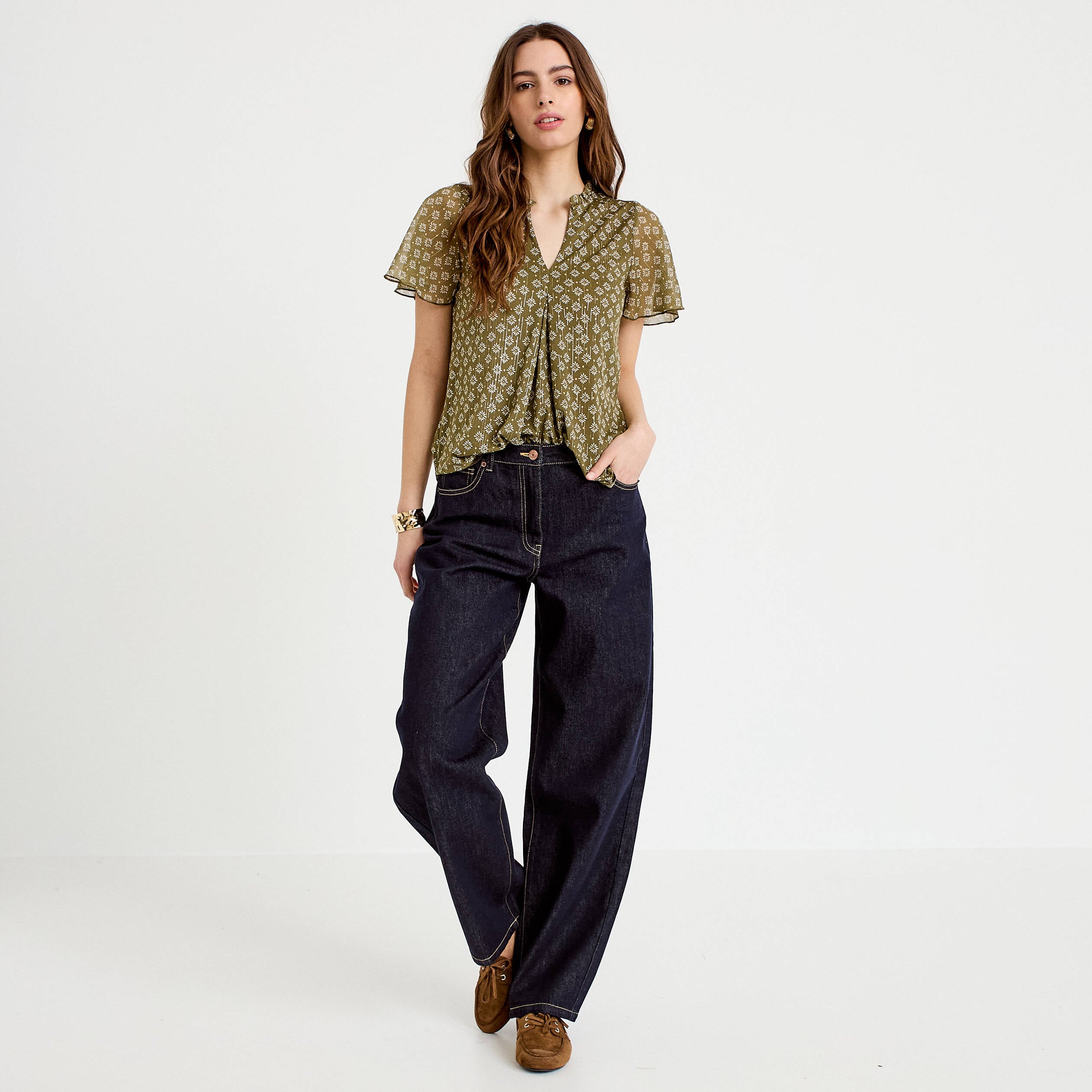 Blouse droite longue manches courtes vert femme