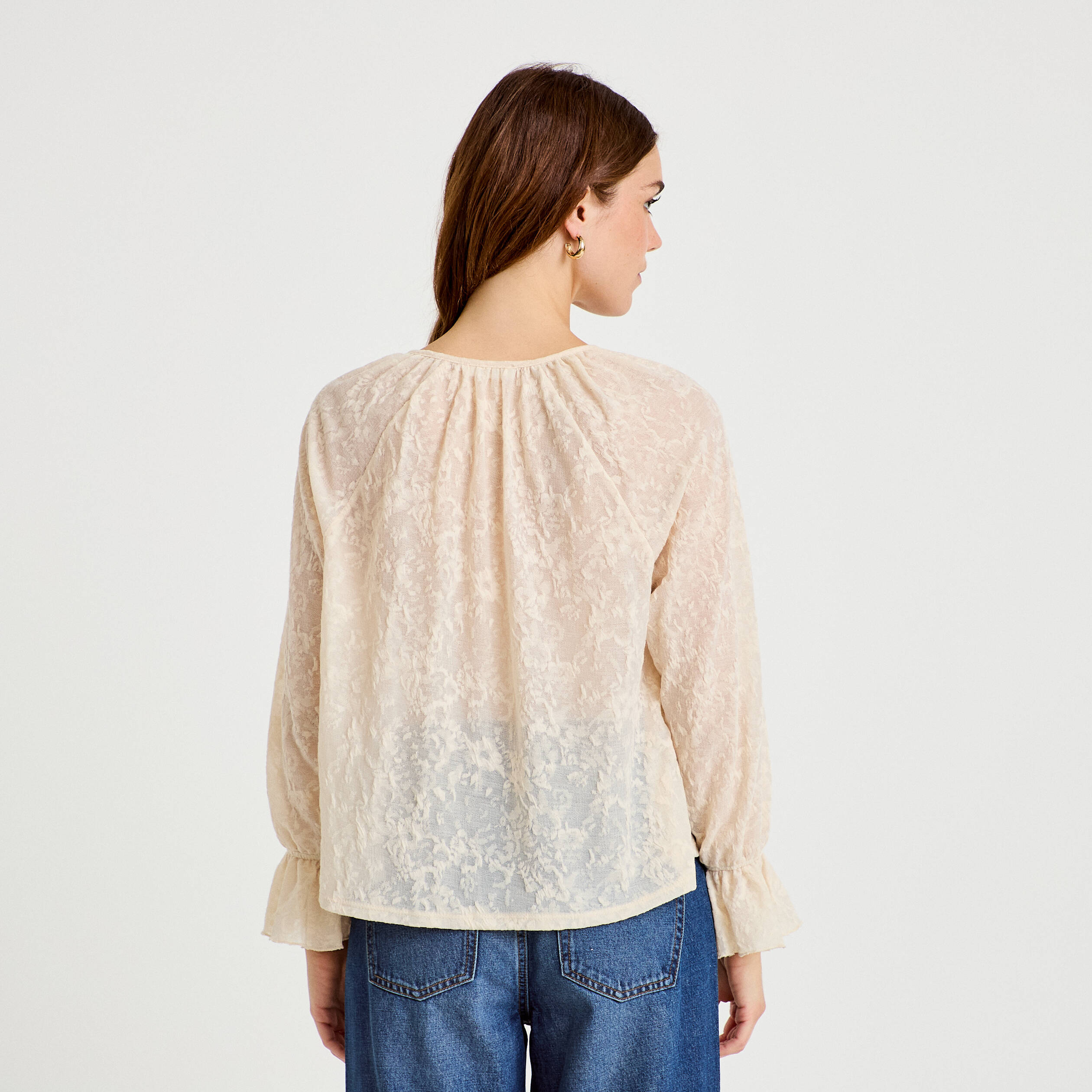 Blouse droite manches longues col rond ecru femme
