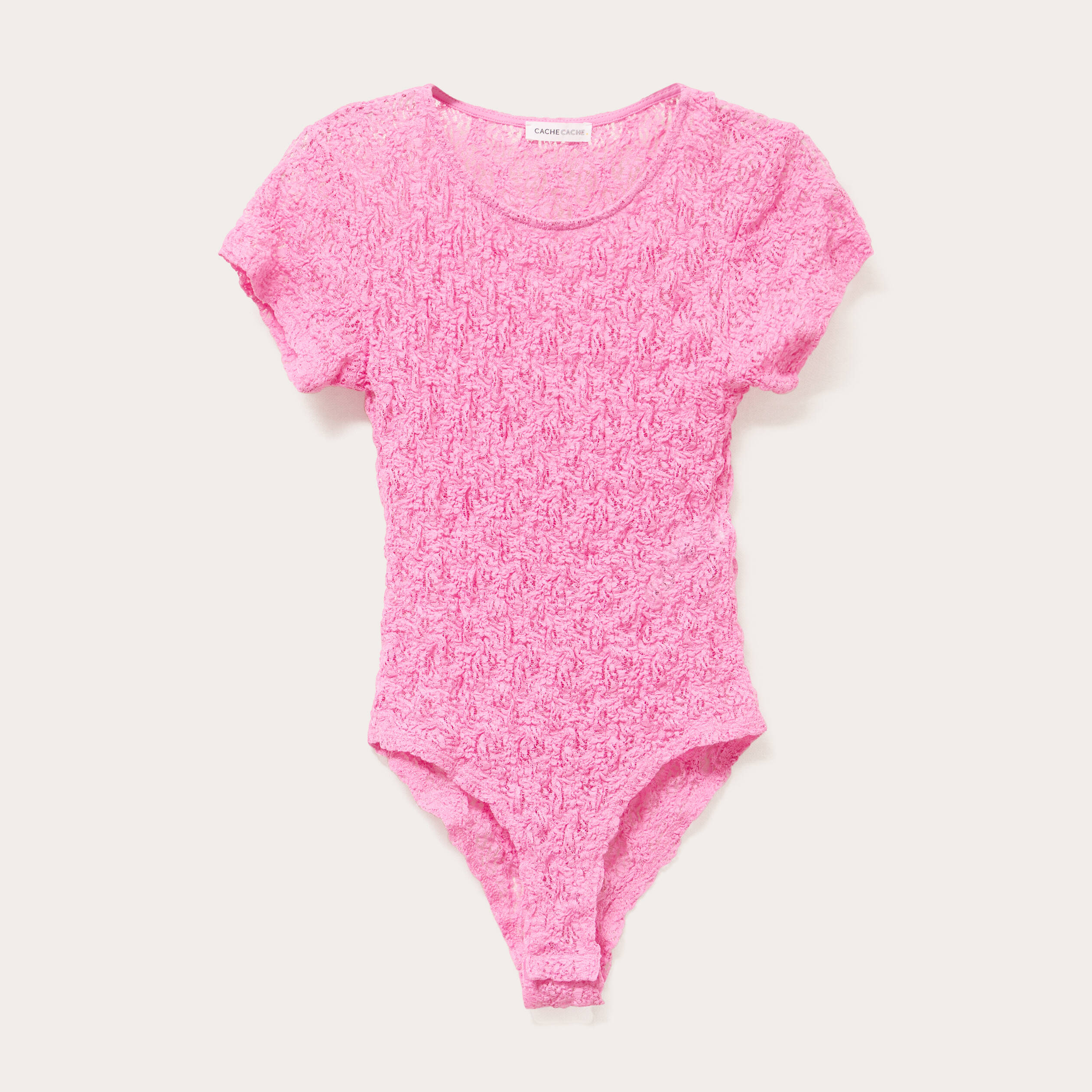 Body ajusté manches courtes dentelle rose femme