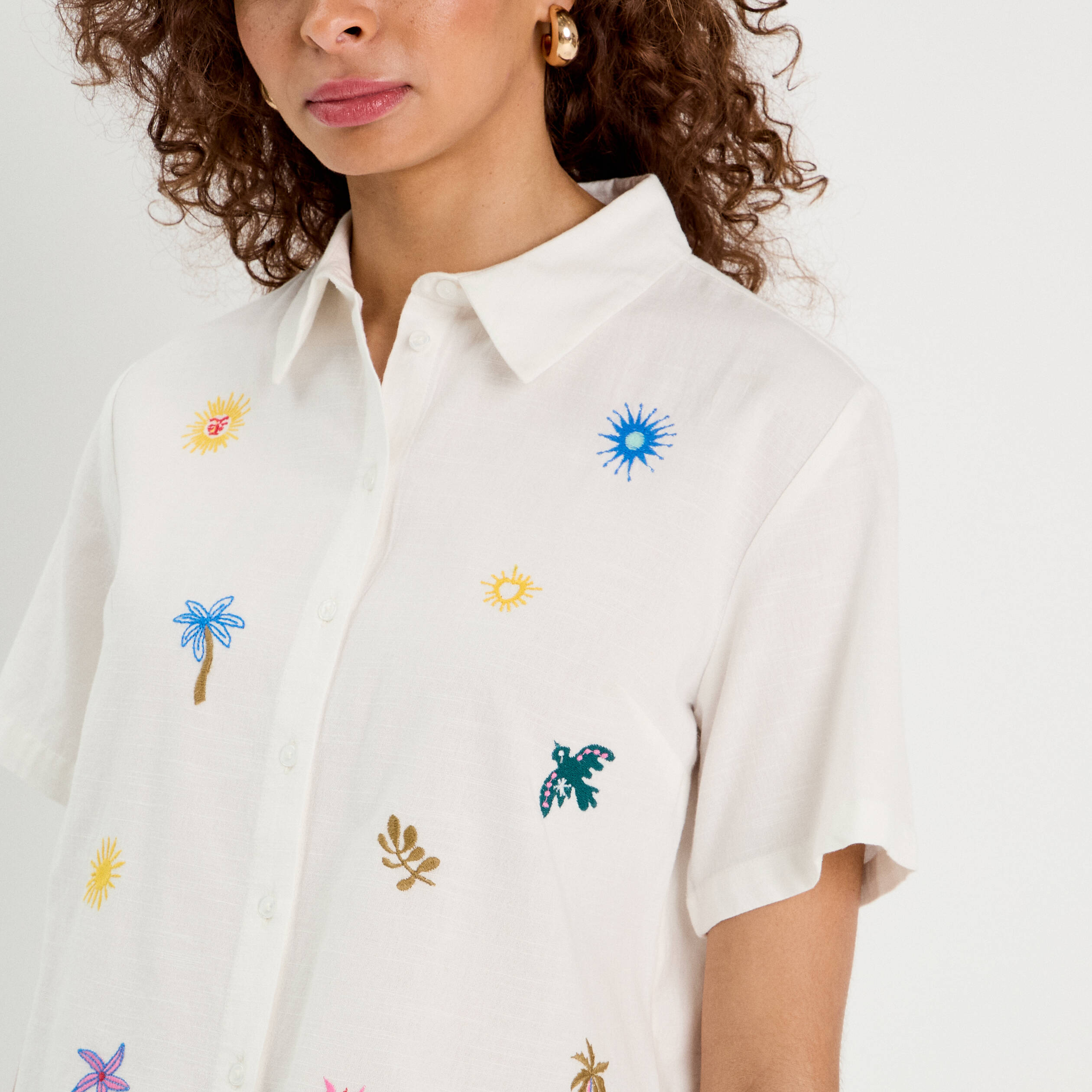 chemise brodee manches courtes ecru femme Chemise brodée manches courtes ecru femme