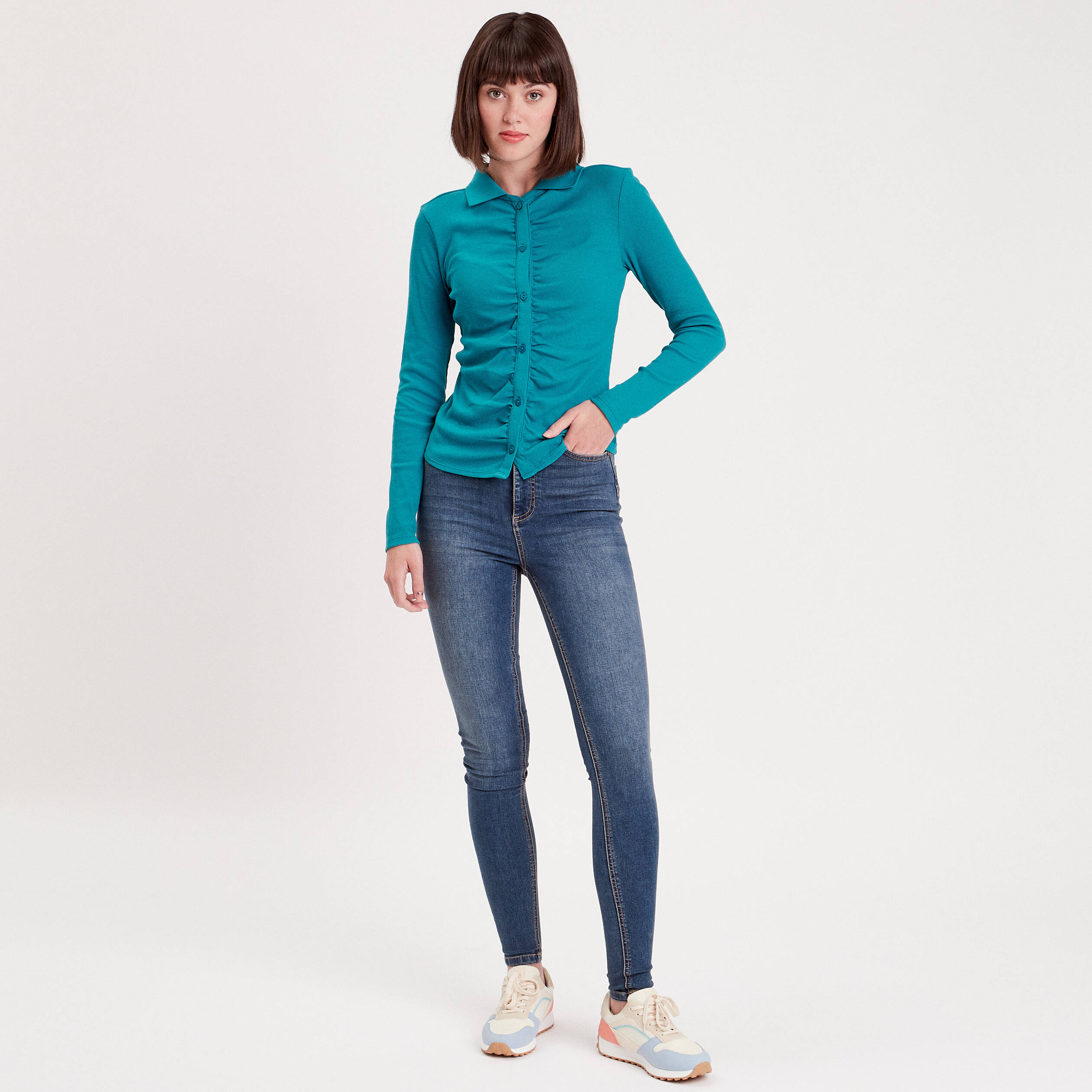 t shirt cotele avec fronces bleu femme T-shirt côtelé avec fronces bleu femme