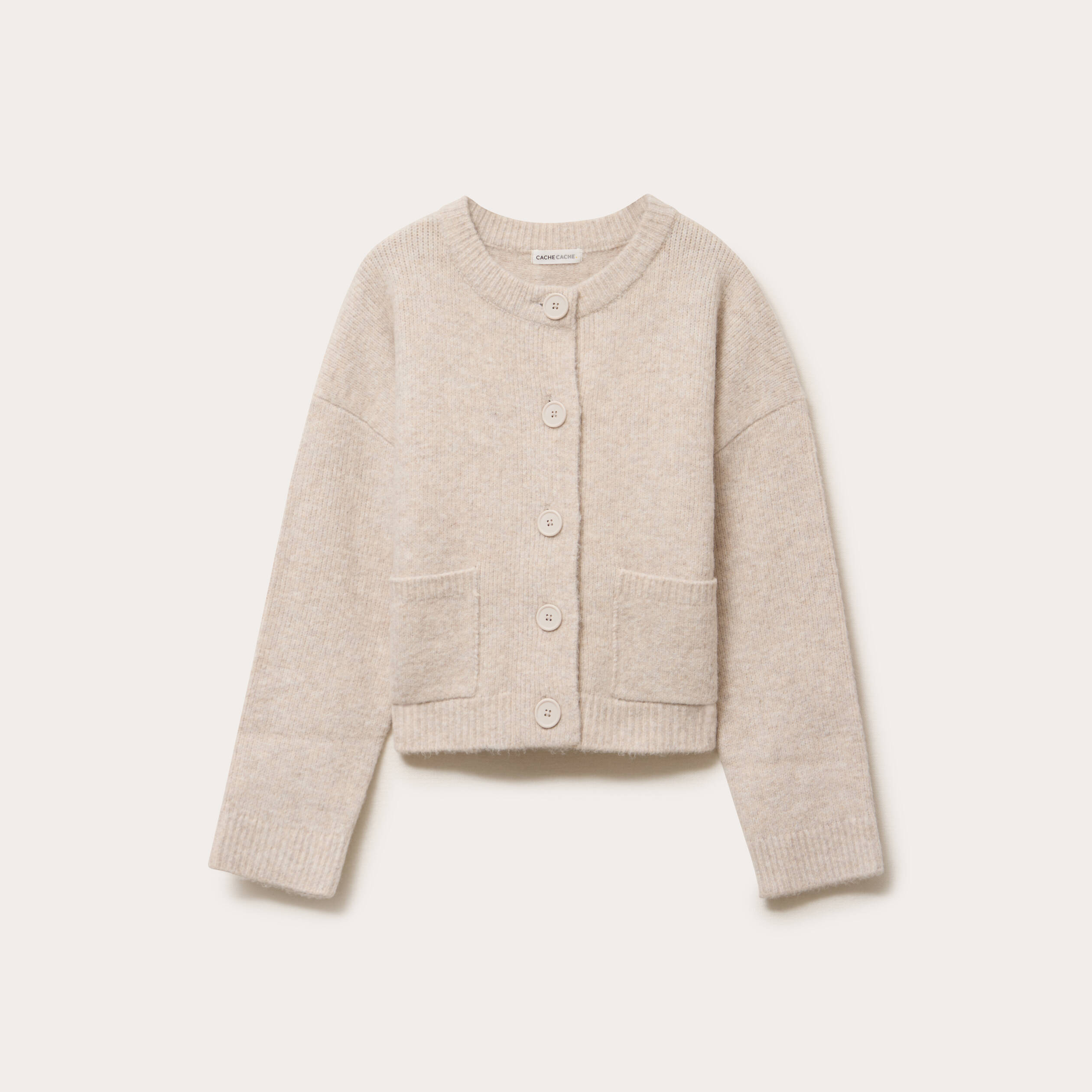 Gilet bouclette col rond manches longues beige femme