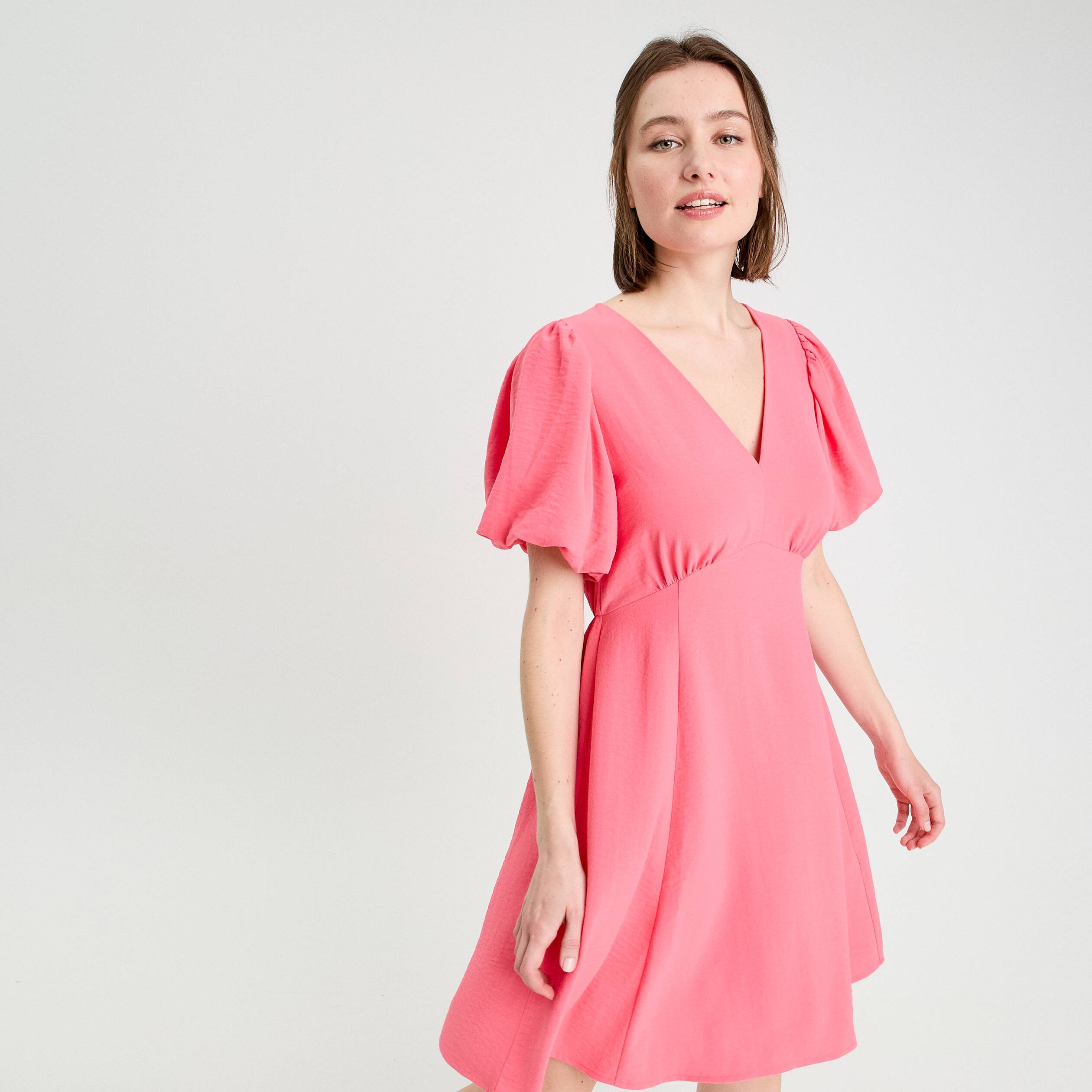 Robe trapèze manches courtes rose vif femme