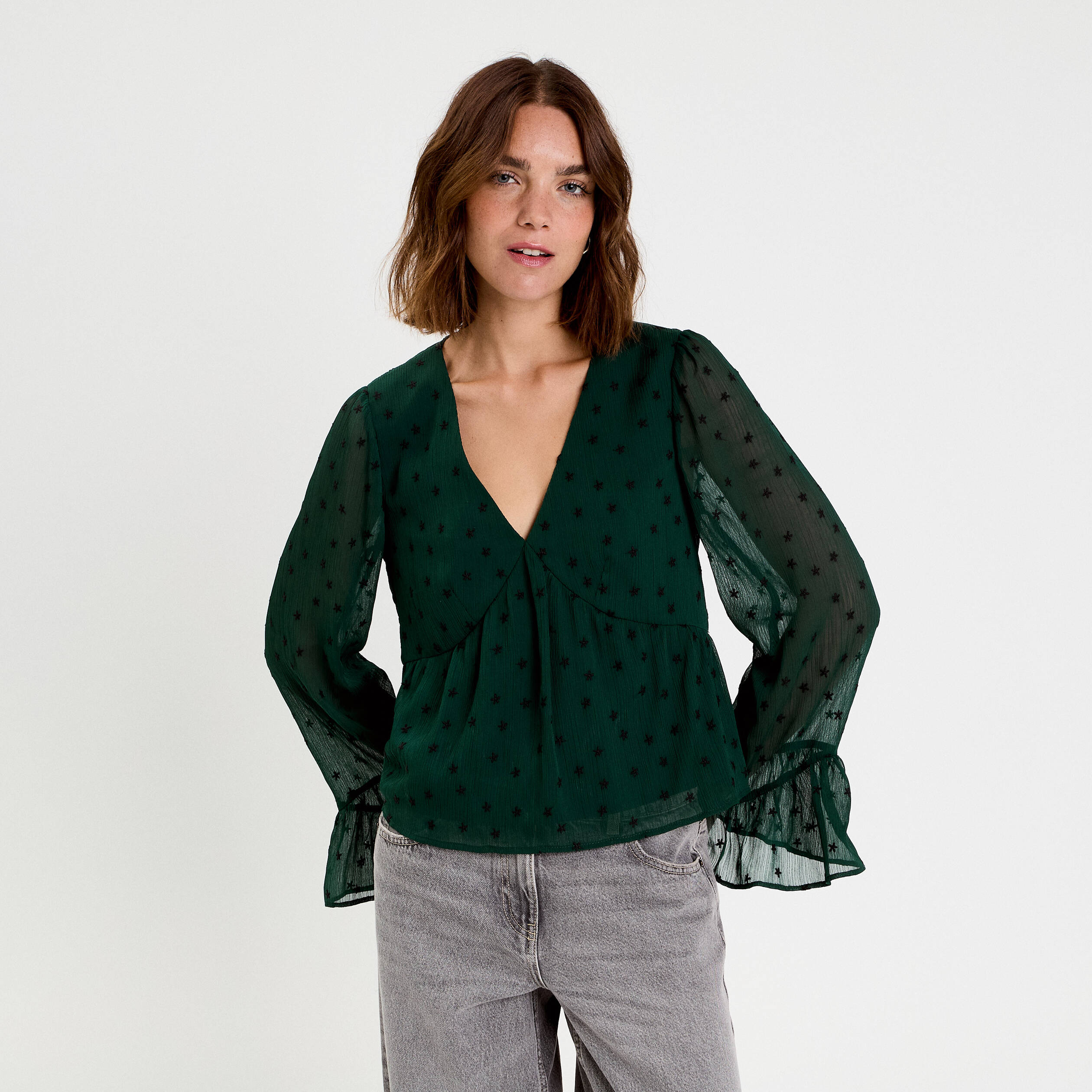 Blouse brod&eacute;e volant&eacute;e vert fonc&eacute; femme
