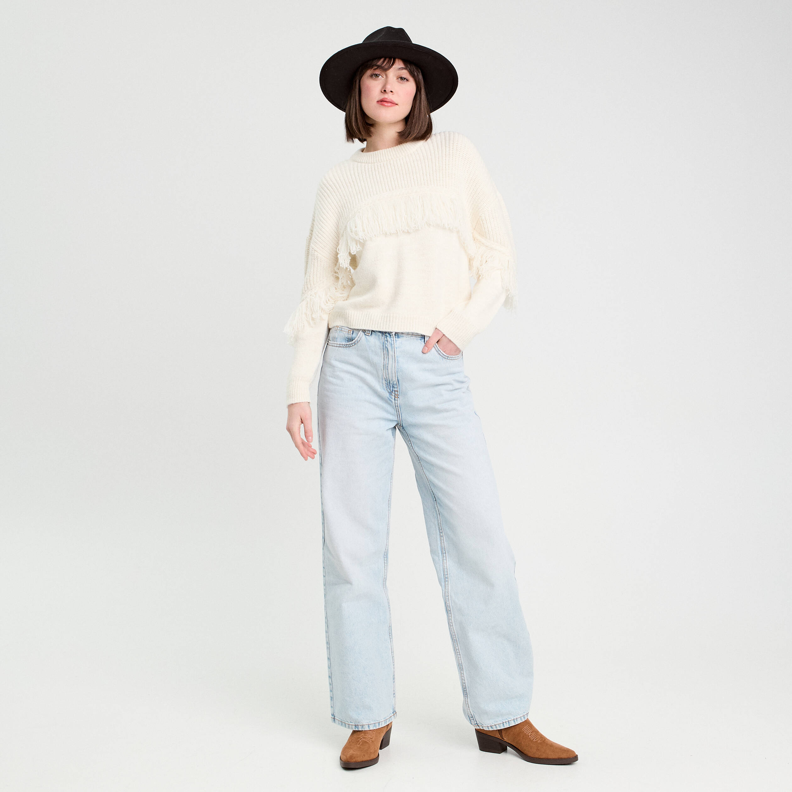 Pull avec franges ecru femme
