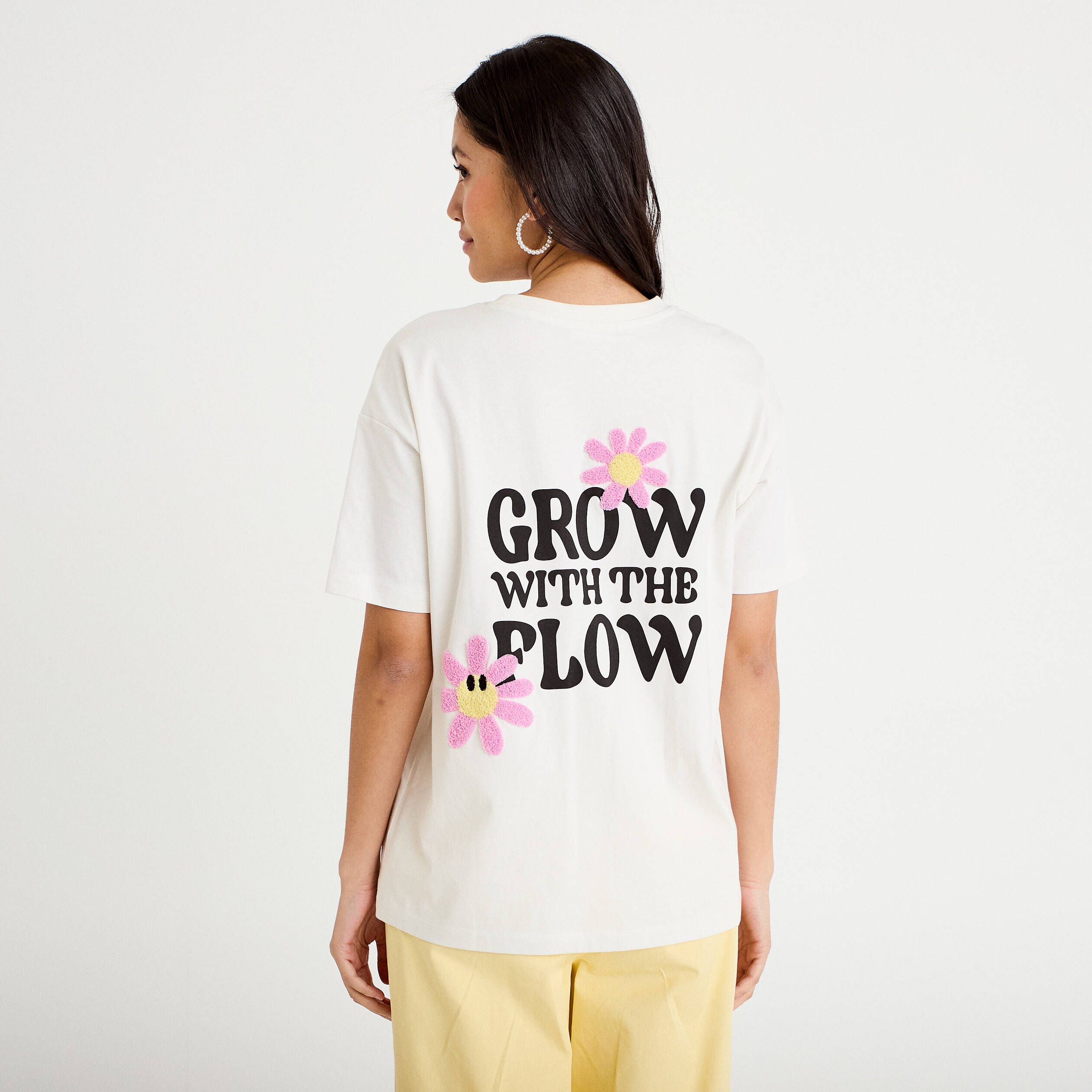T-shirt col rond manches courtes ecru femme