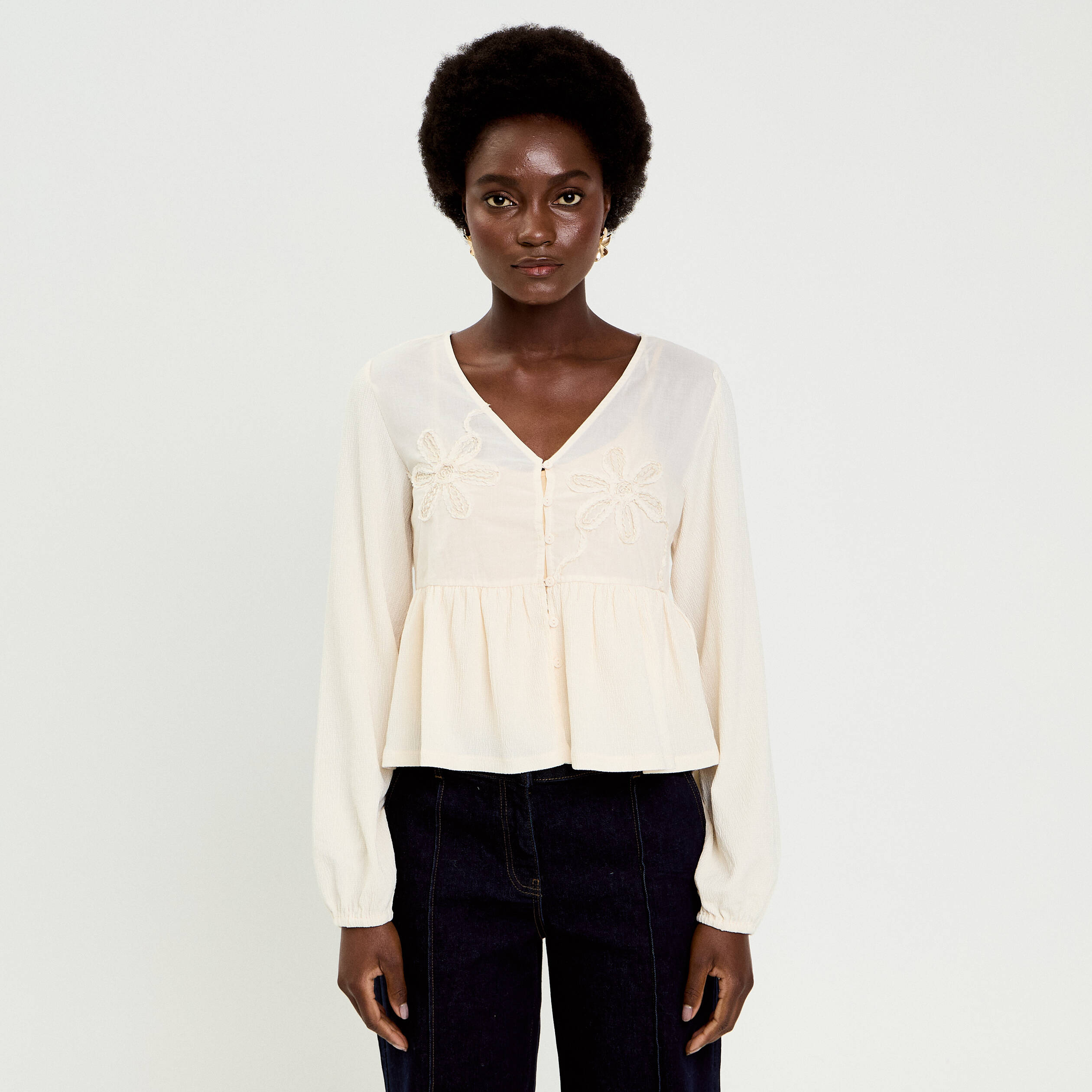 Blouse brod&eacute;e ecru femme