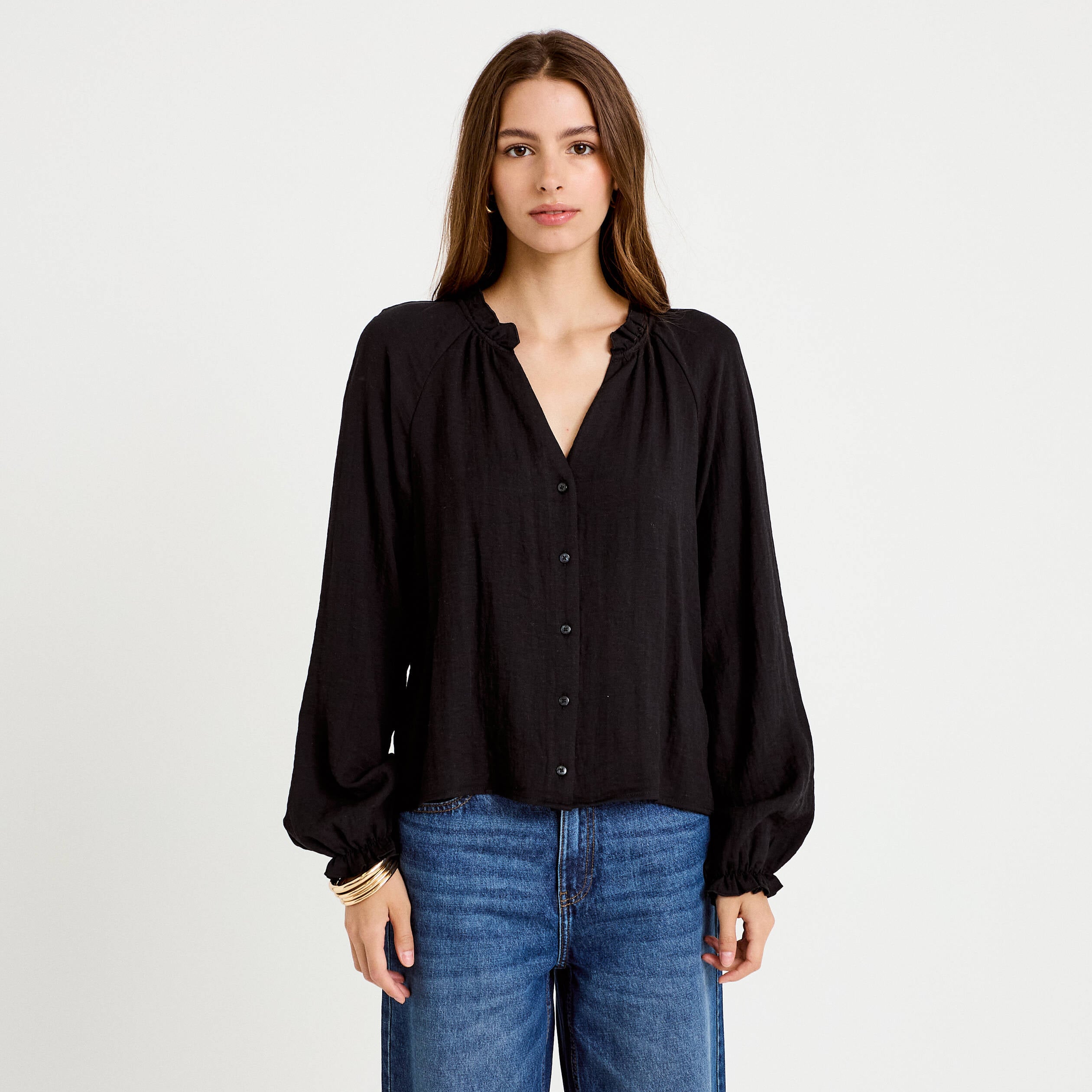 Blouse ample pliss&eacute;e manches longues noir femme