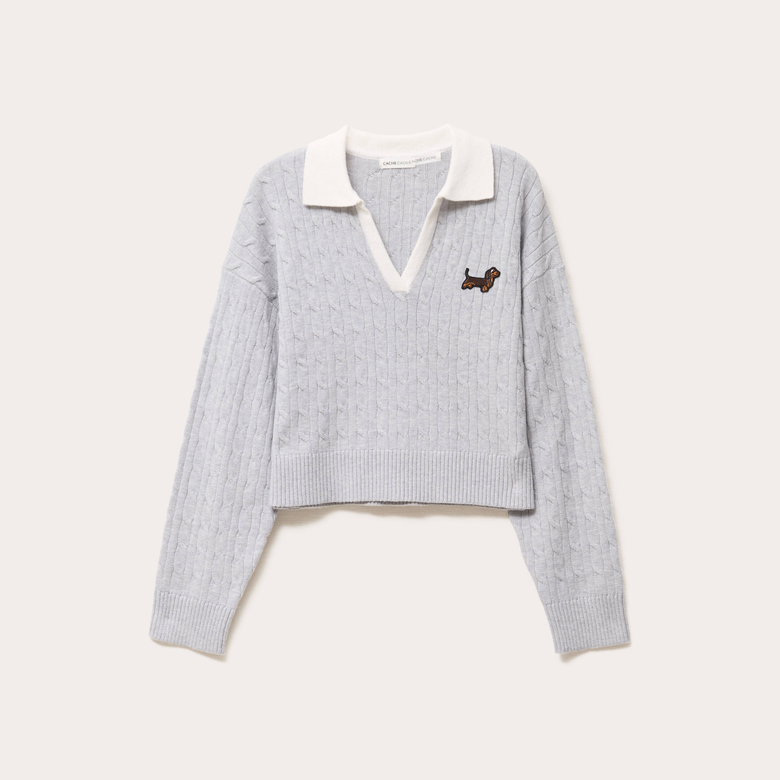 Pull manches longues col polo gris clair femme
