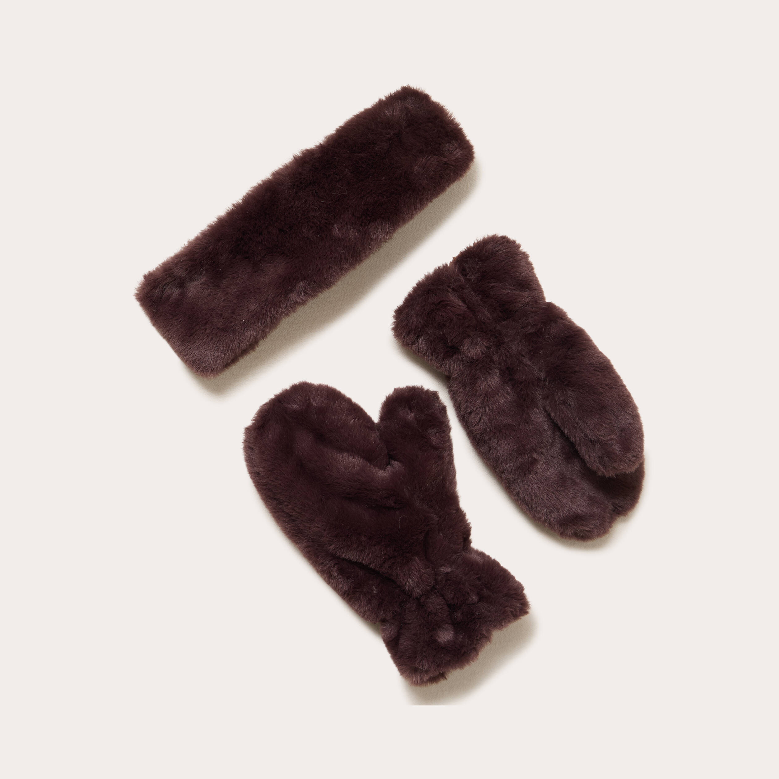 Set bandeau et gants fausse fourrure marron fonc&eacute; femme