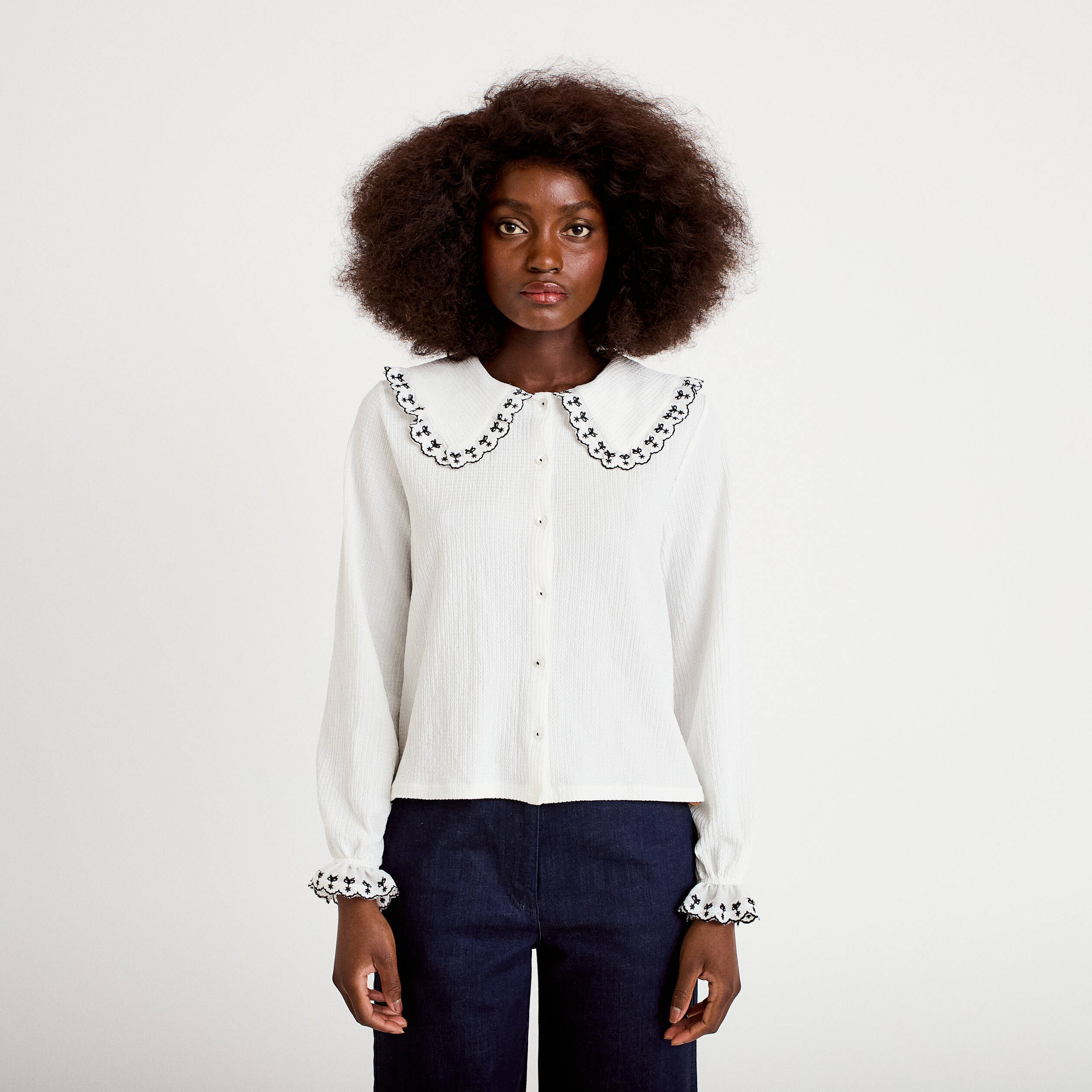 Blouse broderie manches longues ecru femme