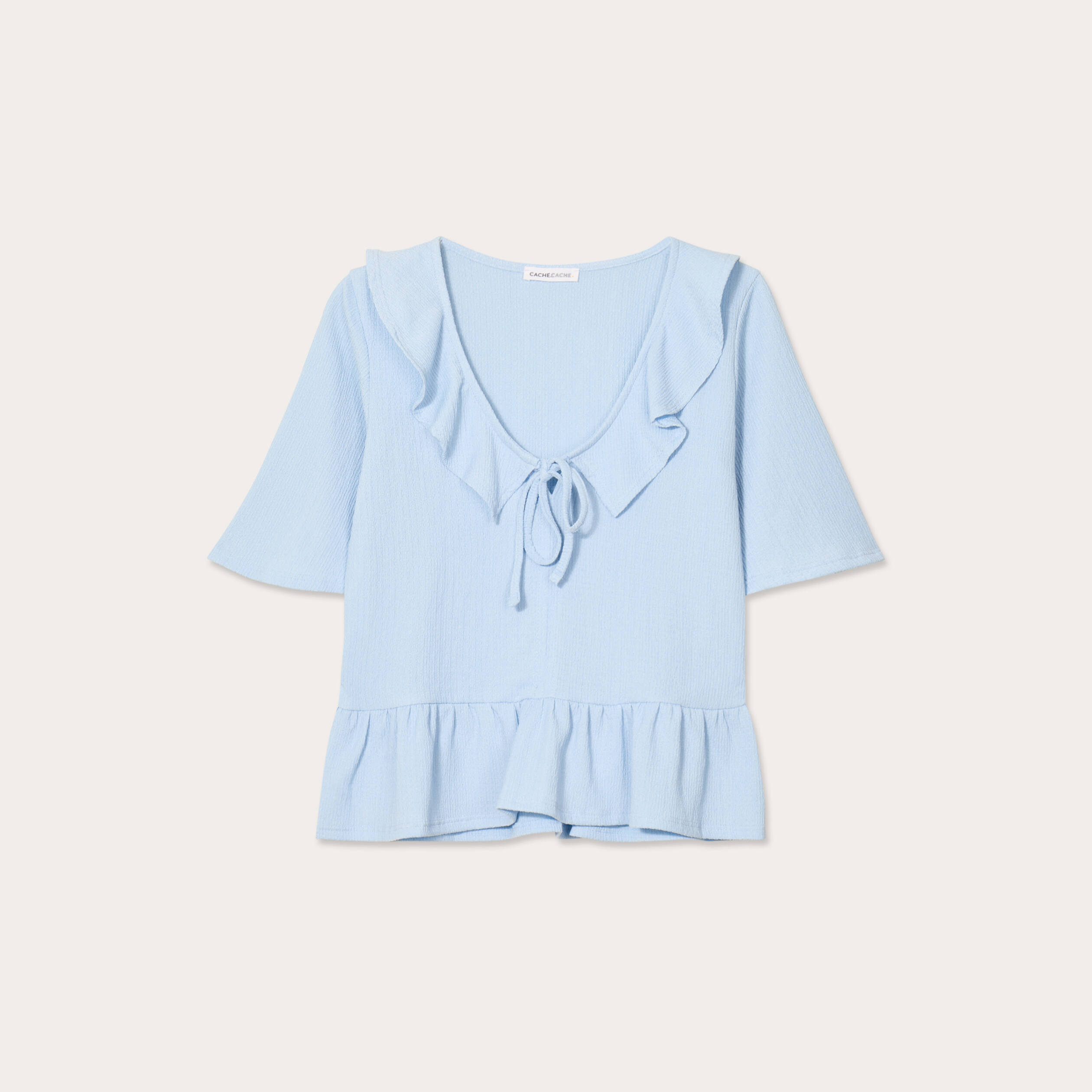 Blouse noeud et volants bleu ciel femme