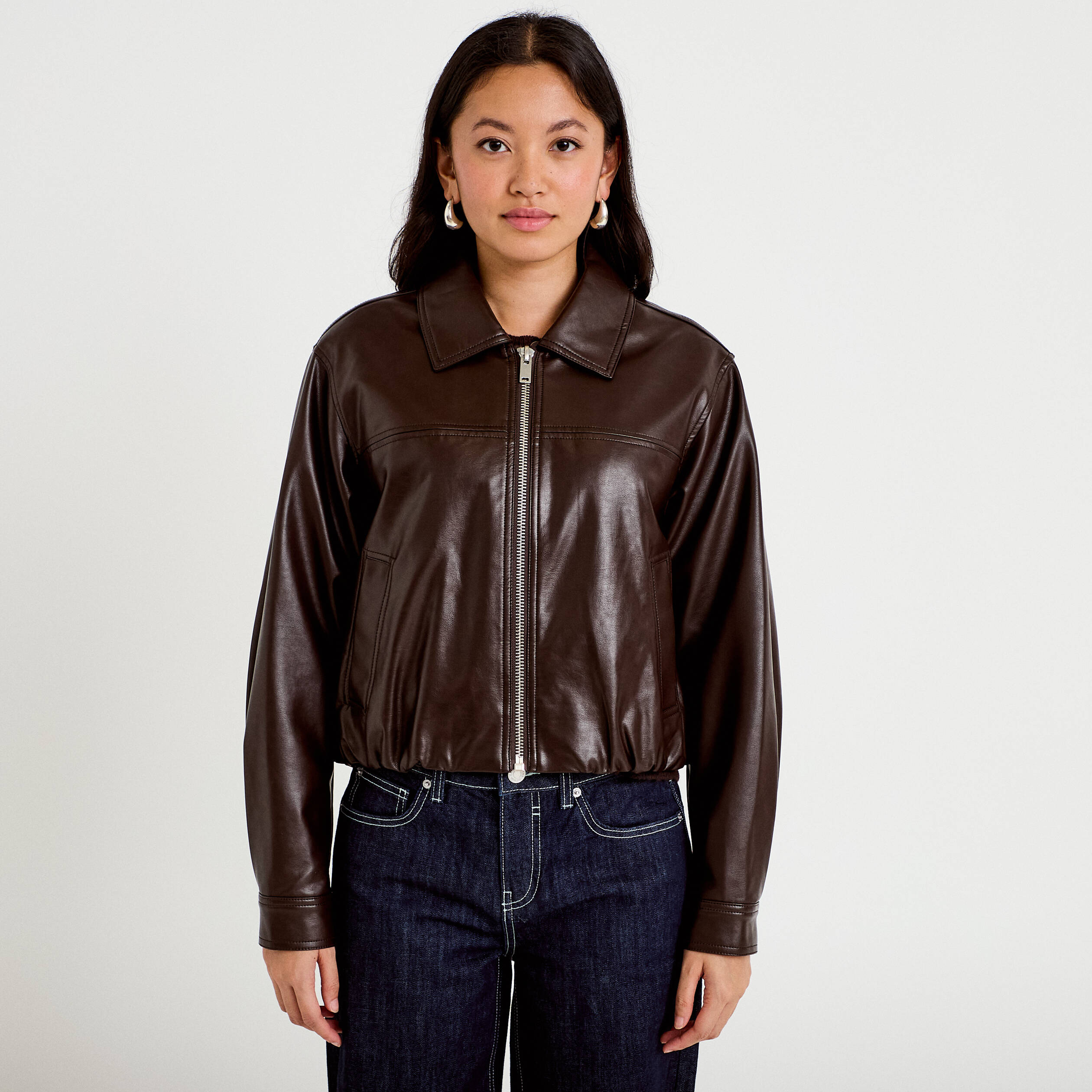 Veste effet boule manches longues marron fonc&eacute; femme