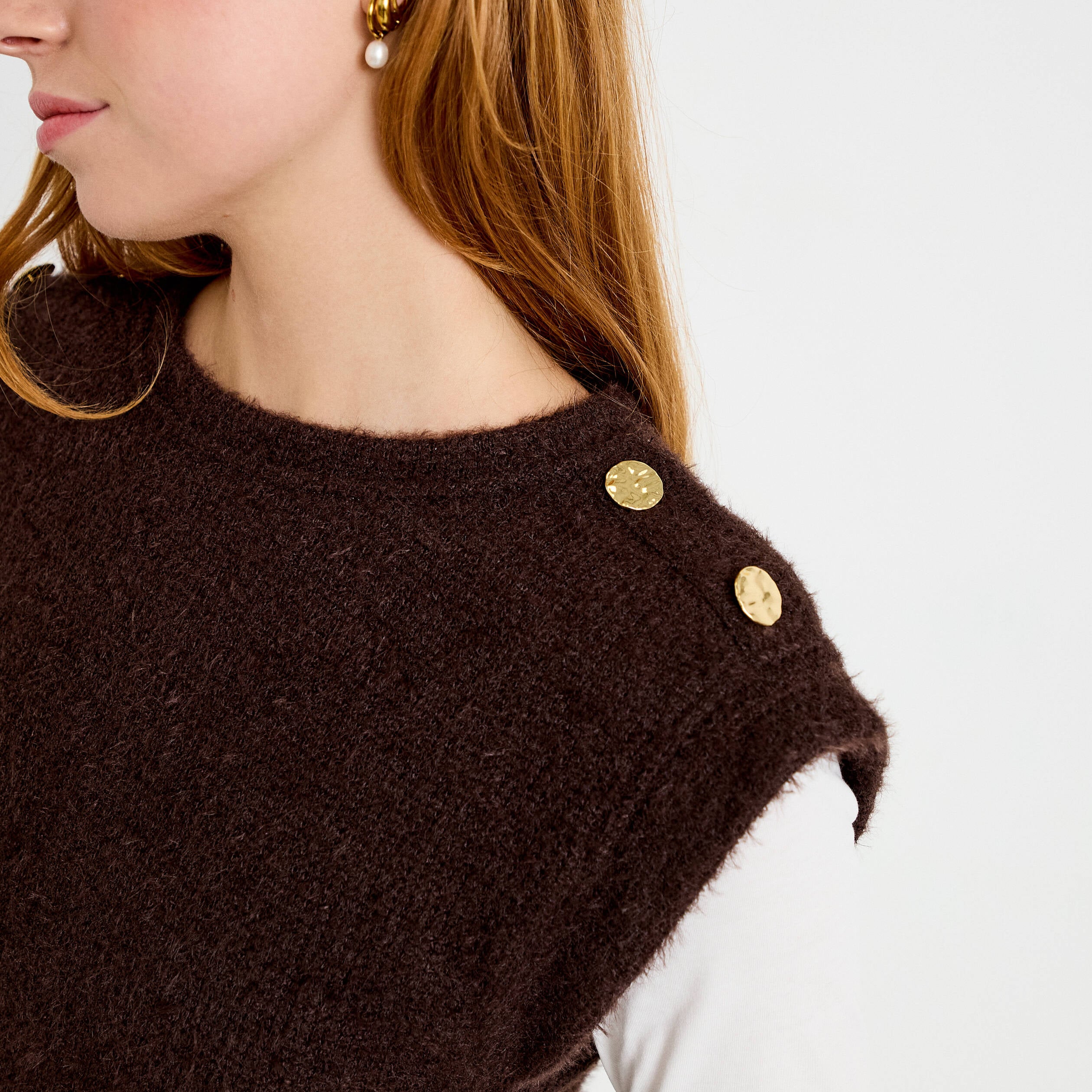 Pull 2-en-1 manches longues col rond marron fonc&eacute; femme