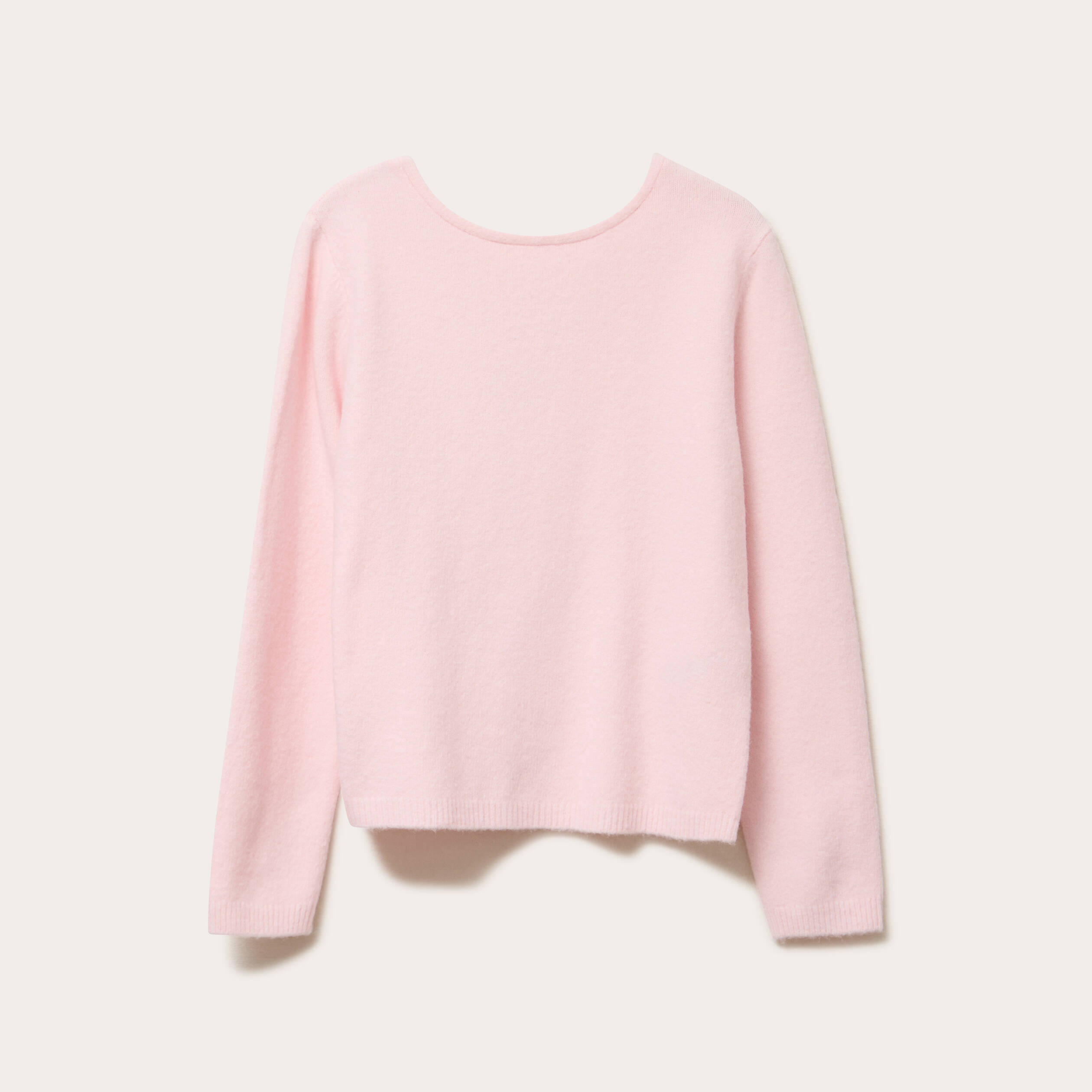 Pull d&eacute;collet&eacute; dos avec noeuds rose clair femme
