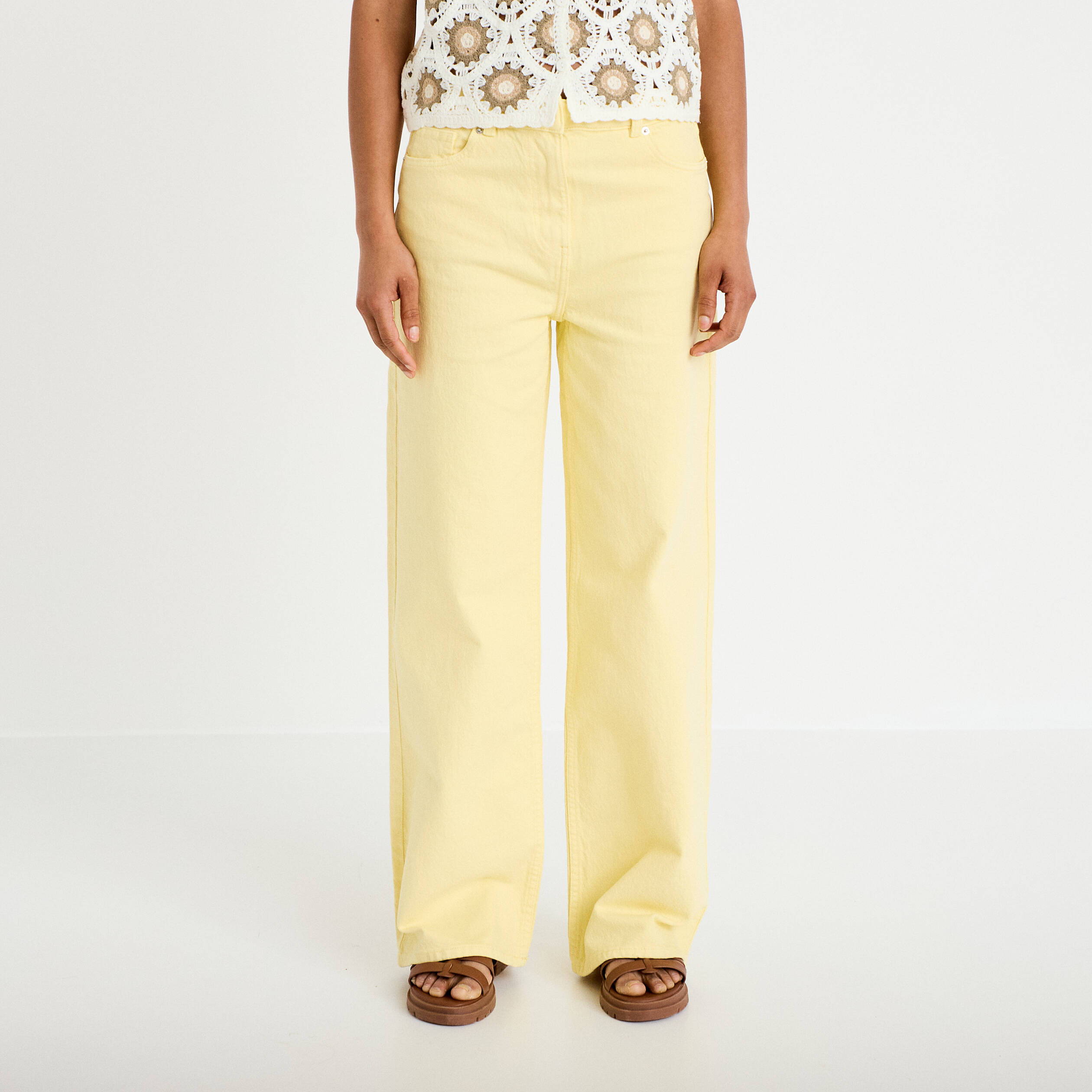 Jean wide leg taille haute jaune pastel femme
