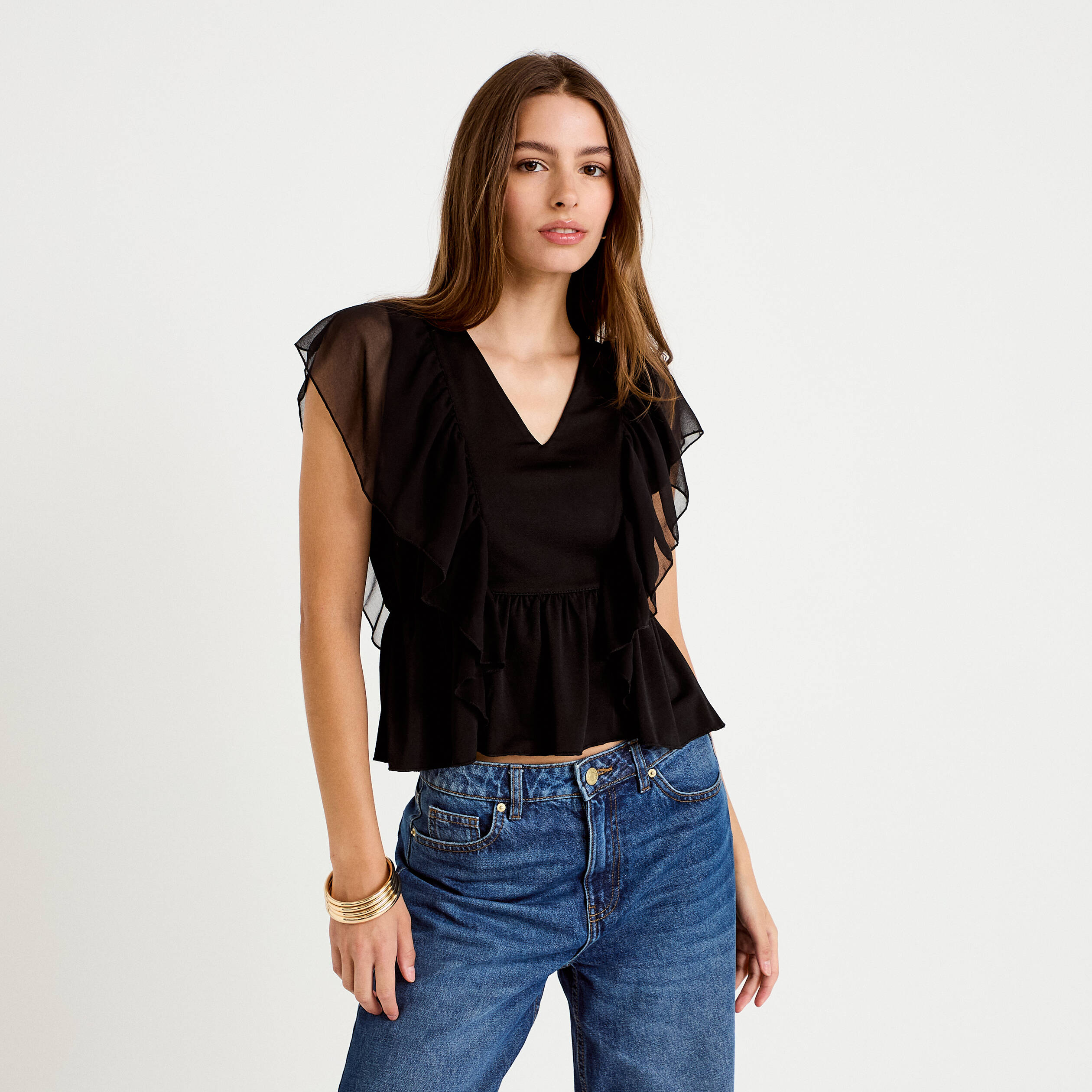 Blouse d&eacute;collet&eacute; voile manches courtes noir femme