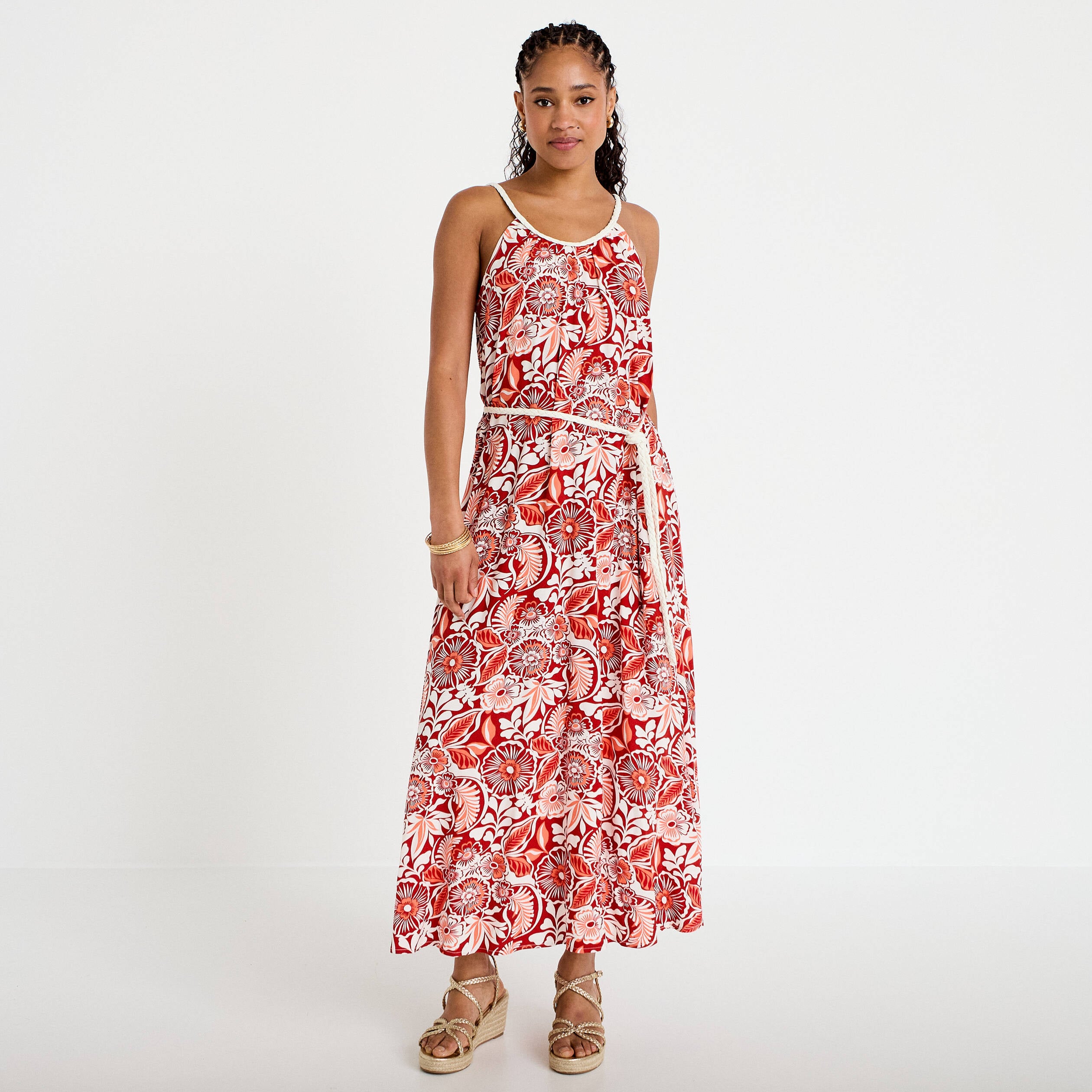 Robe longue &eacute;vas&eacute;e bretelles fines rouge femme